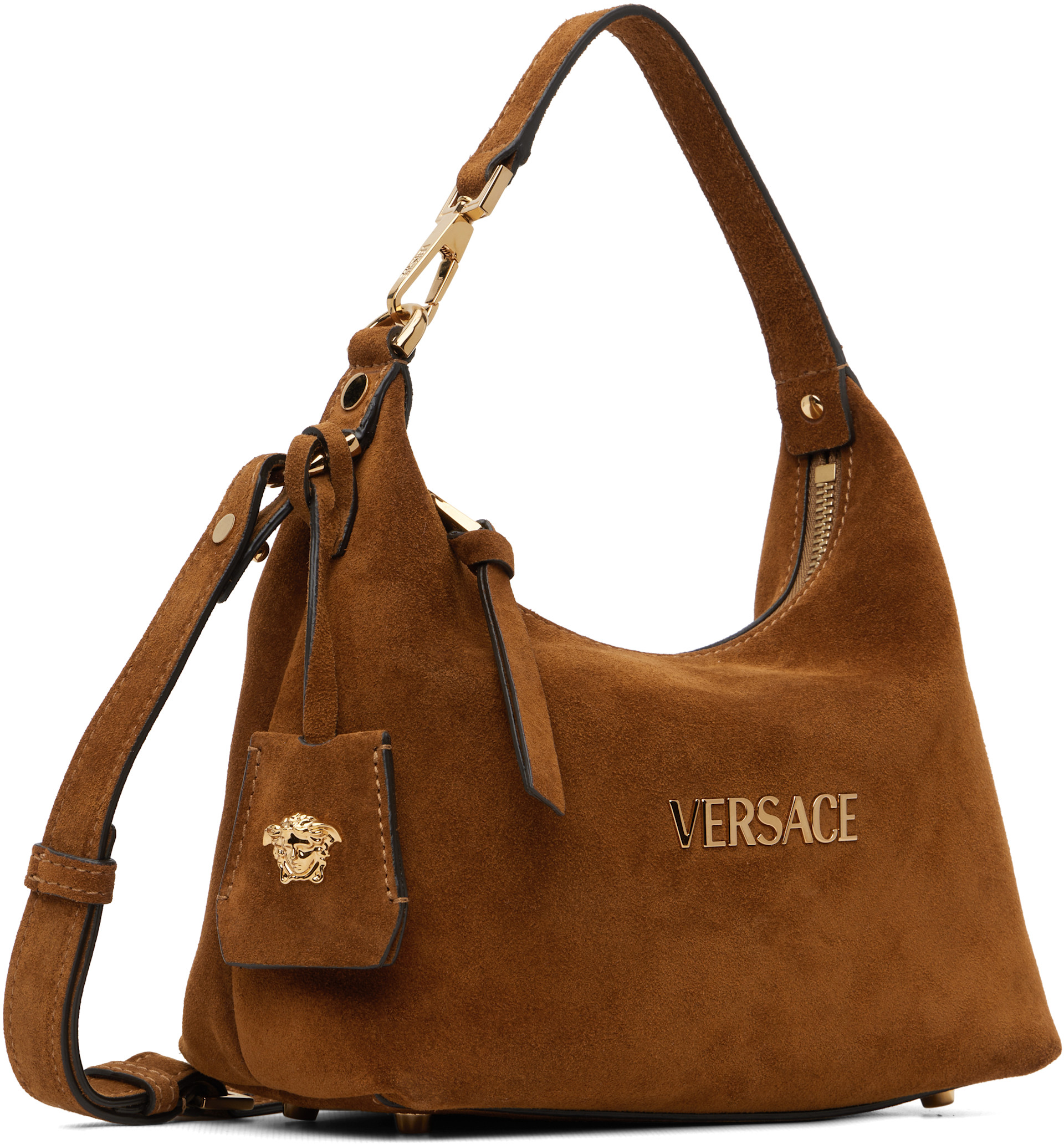 Versace: Tan Versace Tag Suede Bag | SSENSE