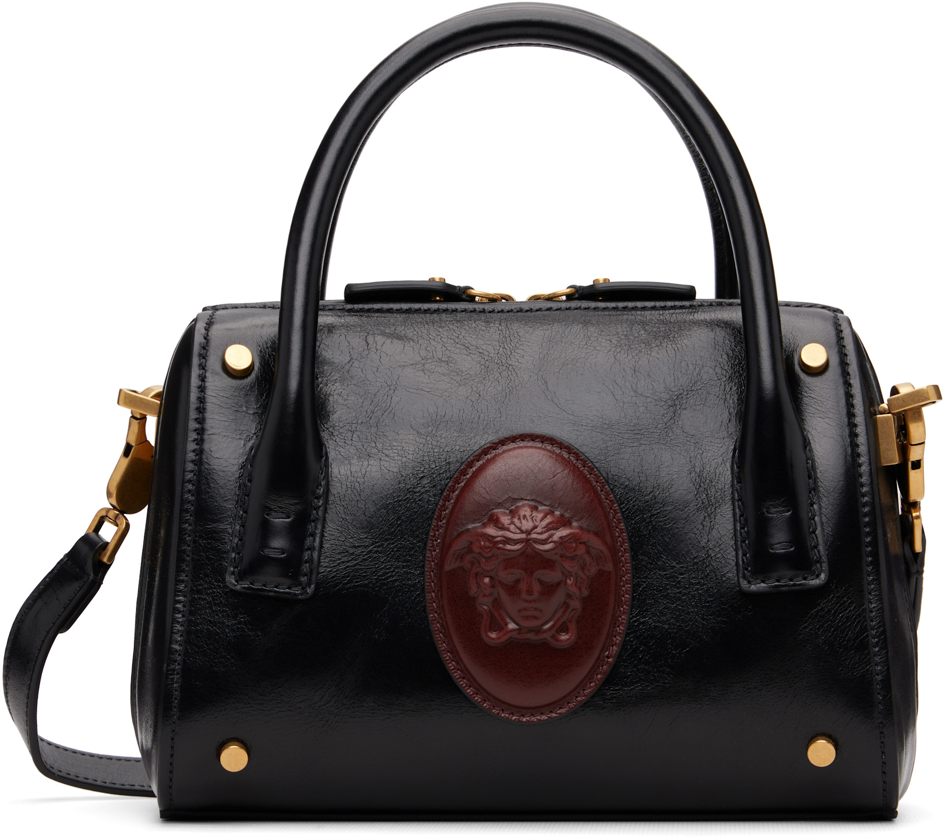 Versace: Black Roomy Small Leather Boston Bag | SSENSE Versace: Black Roomy Small Leather Boston Bag | SSENSE