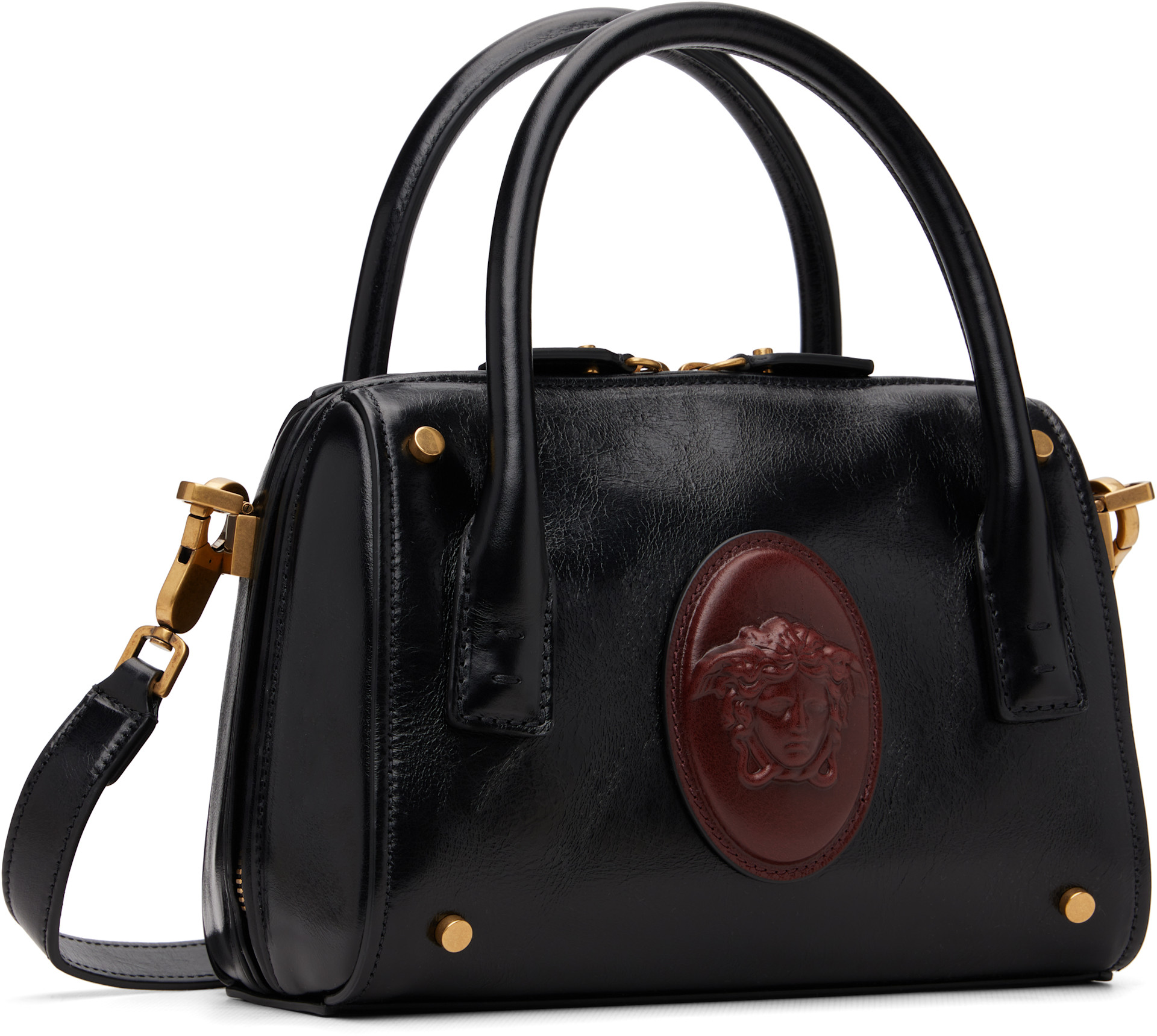 Versace: Black Roomy Small Leather Boston Bag | SSENSE Versace: Black Roomy Small Leather Boston Bag | SSENSE