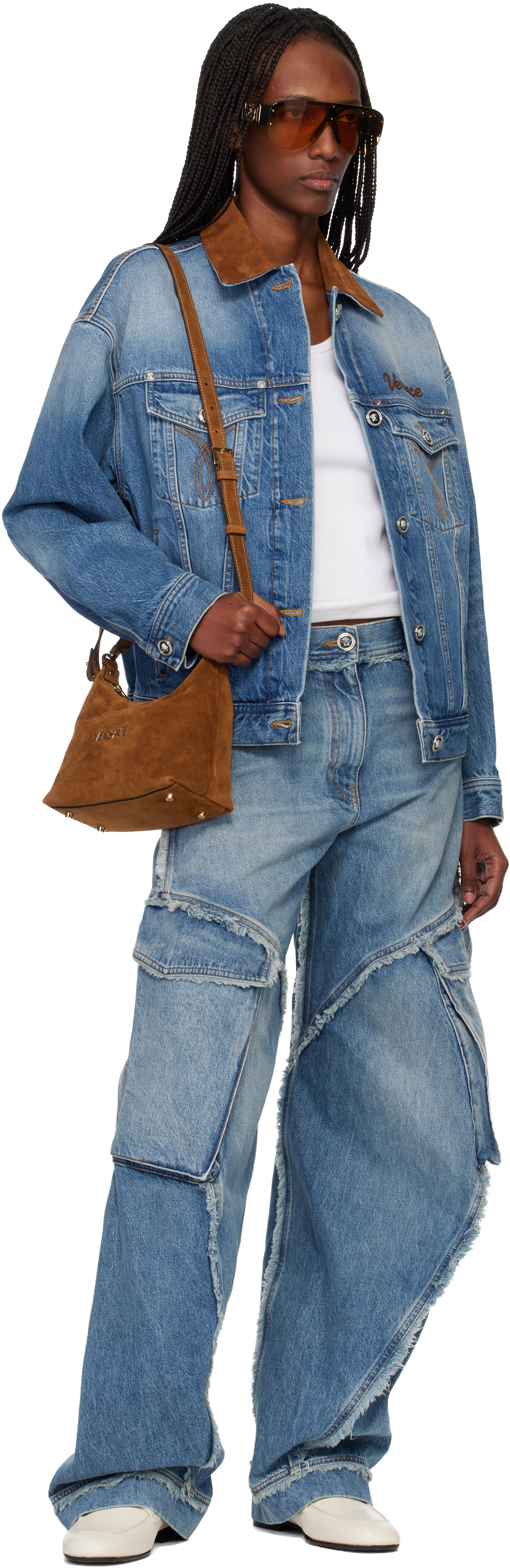 Versace - jean cargo bleu à taille basse