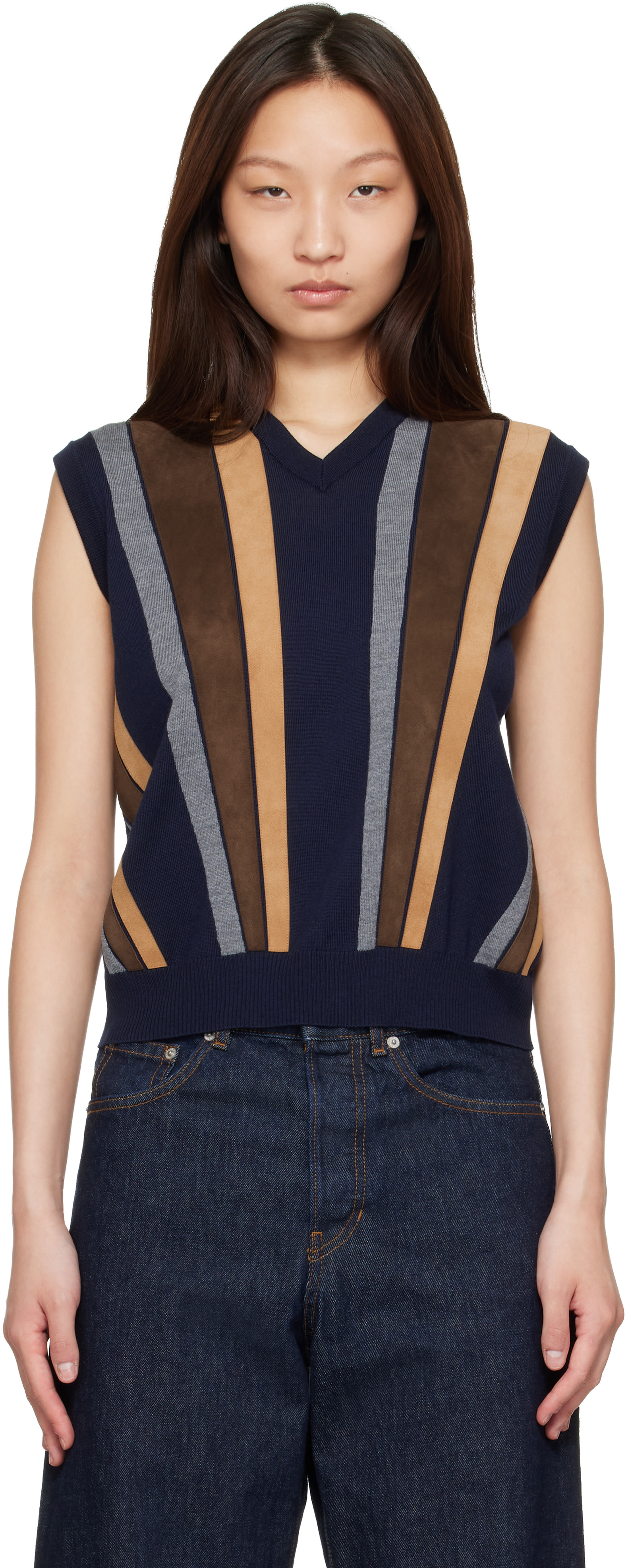 Versace - Navy Intarsia-Wool & Leather Patchwork Vest