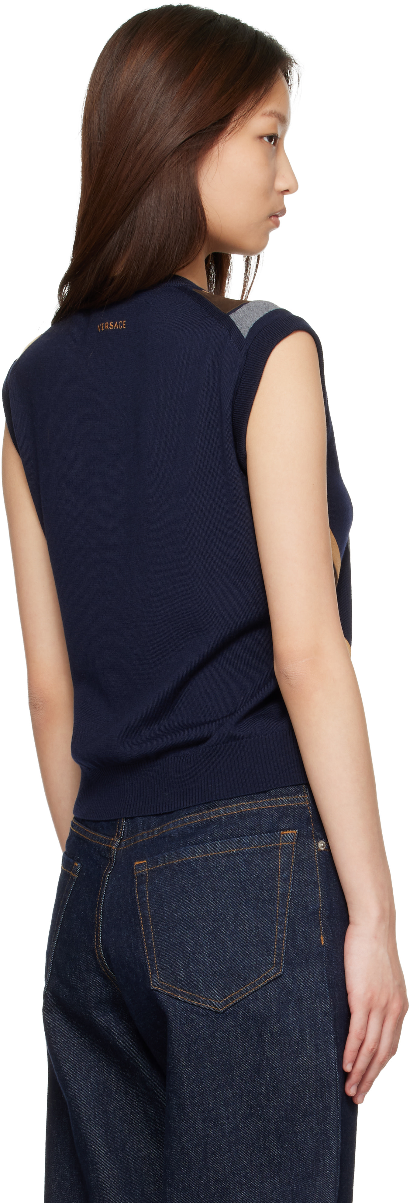 Versace - Navy Intarsia-Wool & Leather Patchwork Vest