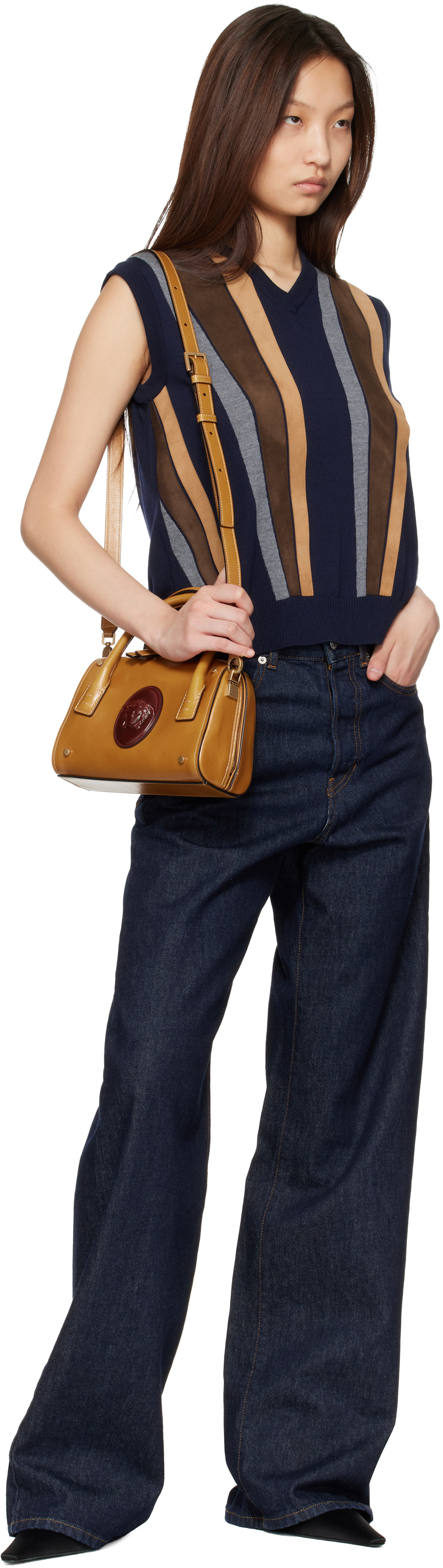 Versace - Navy Intarsia-Wool & Leather Patchwork Vest