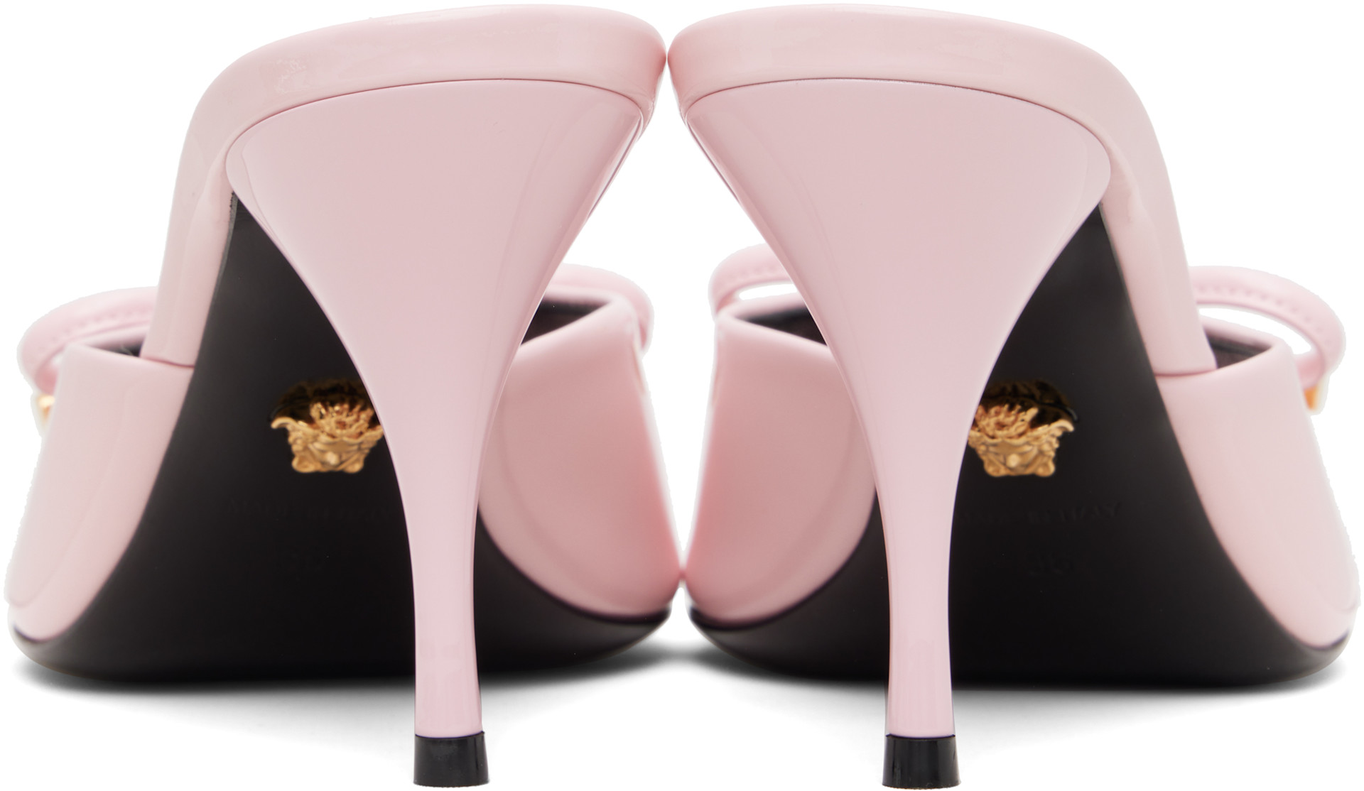 Versace: Pink Opera Bow Patent Mule Heeled Sandals | SSENSE