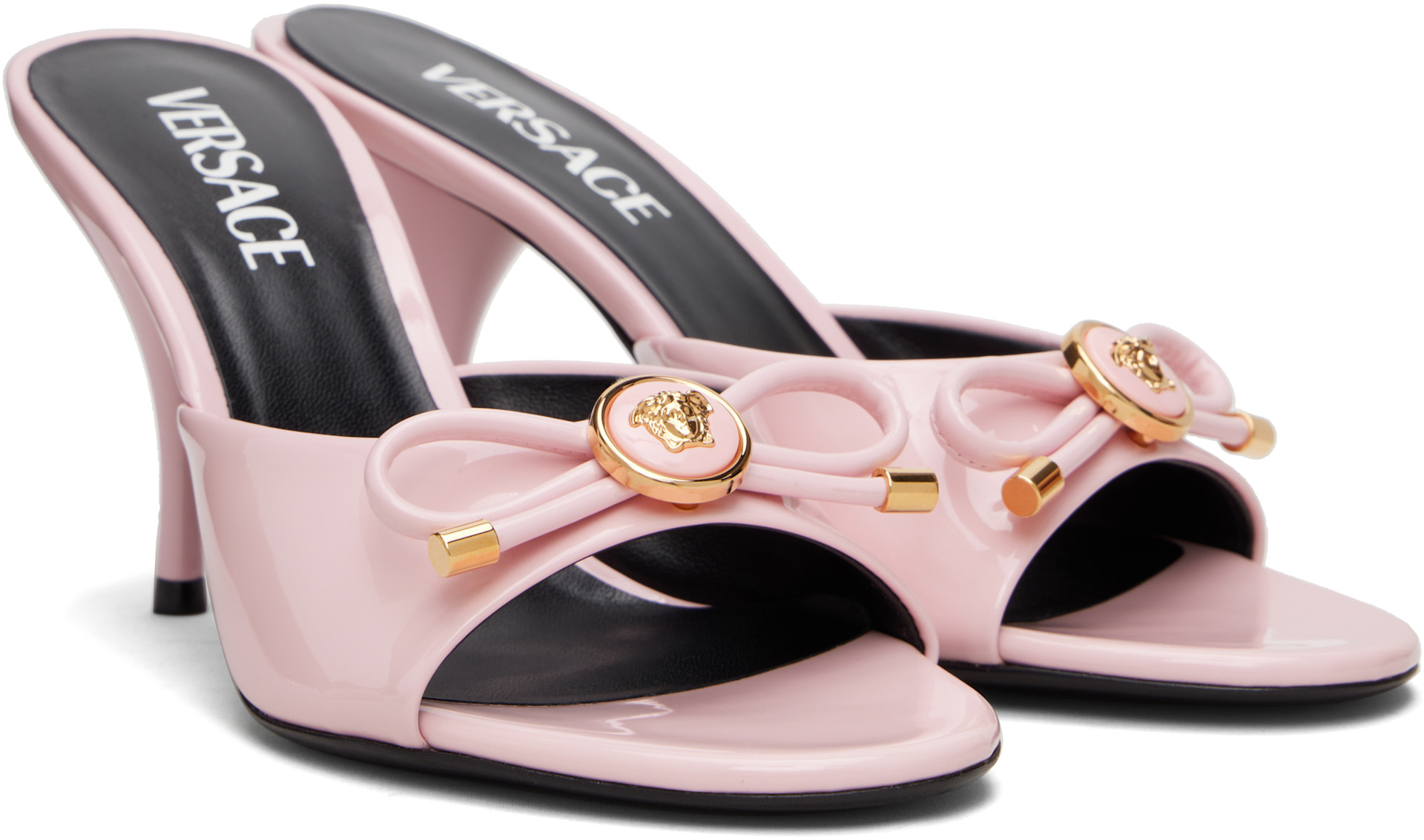 Versace: Pink Opera Bow Patent Mule Heeled Sandals | SSENSE