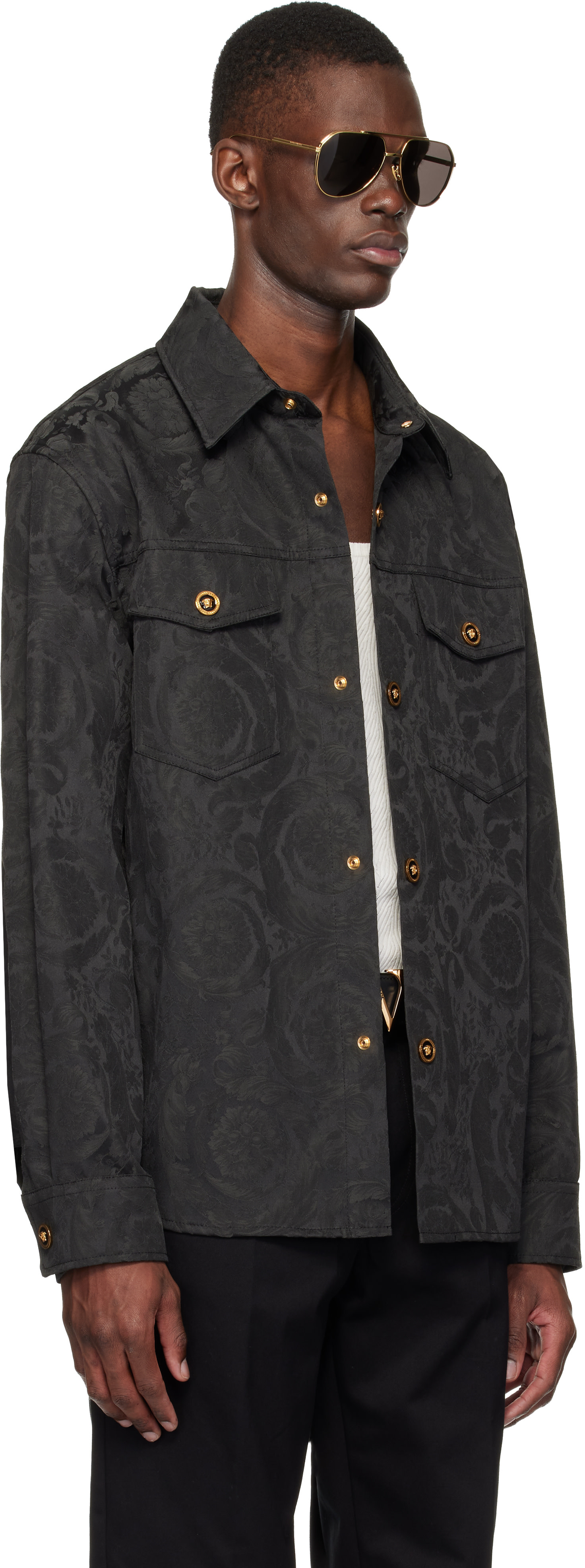 値下げ可　VERSACE ブラック オーバーシャツ Versace: Black Jacquard Cotton Overshirt | SSENSE