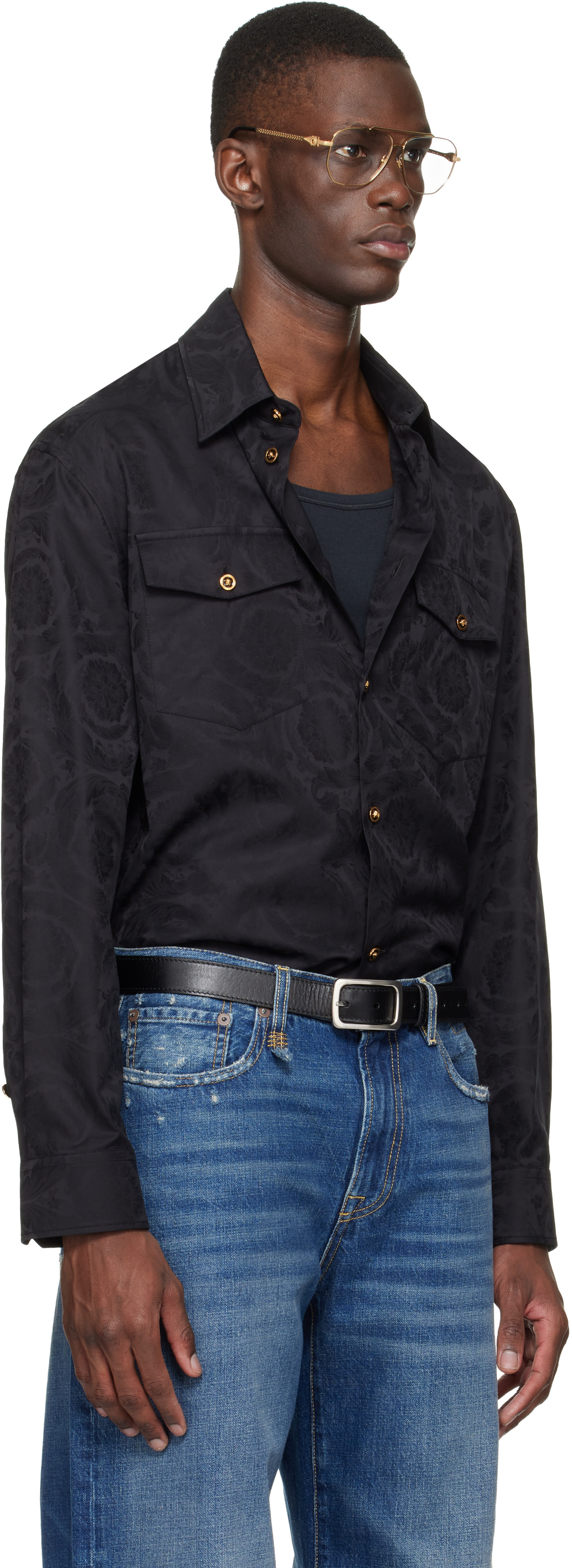 black versace dress shirt Men's Barocco Jacquard Dress Shirt
