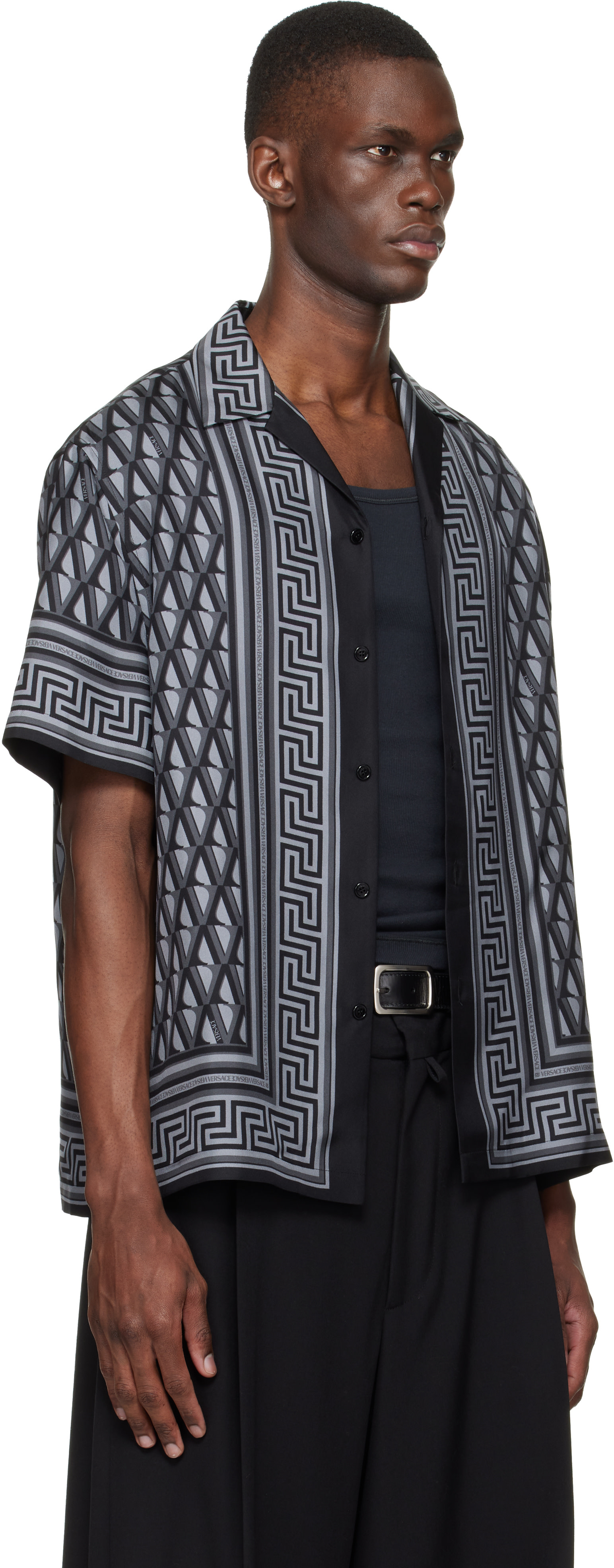 Versace: Black & Gray Printed Silk Twill Slim Shirt | SSENSE Canada