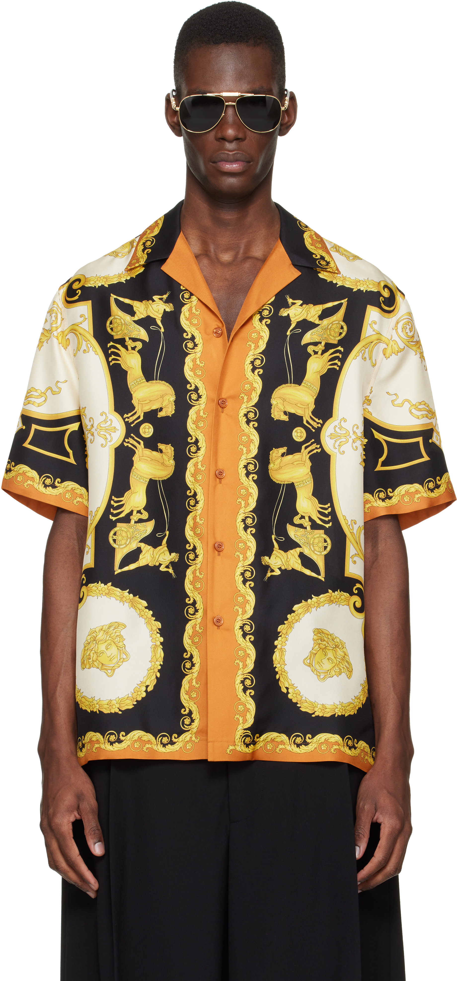 Versace: イエロー＆ブラック Printed シルクツイル レギュラー シャツ