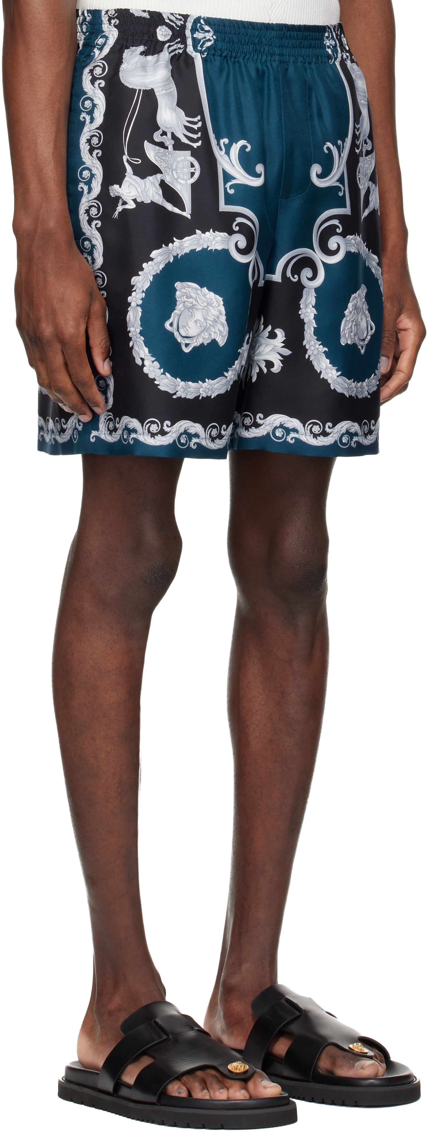 Versace: ブラック＆ネイビー Printed シルクツイル スリム ショート