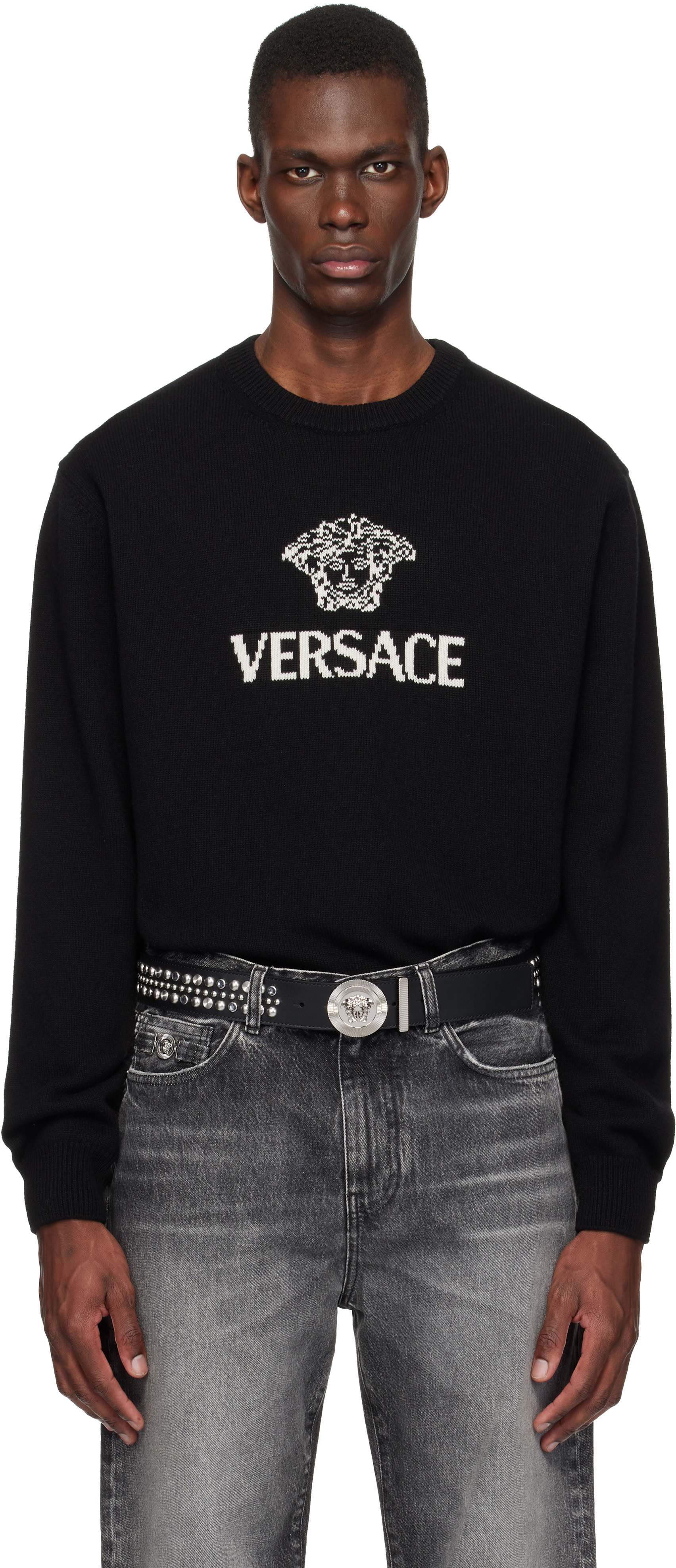 Versace: Black Intarsia Cashmere Knit Sweater | SSENSE