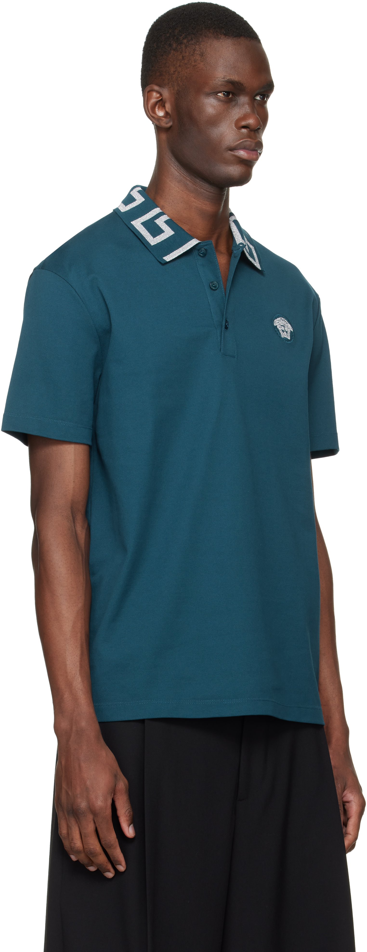 Versace: Blue Embroidered Cotton Piqué Polo | SSENSE