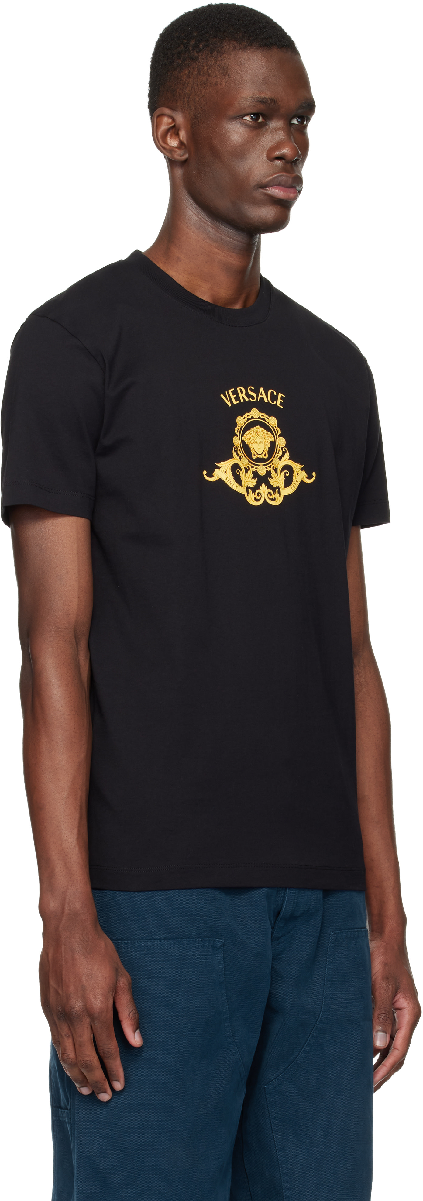 VERSACE Ｔシャツ Versace: ブラック Printed コットンジャージ スリムフィットTシャツ