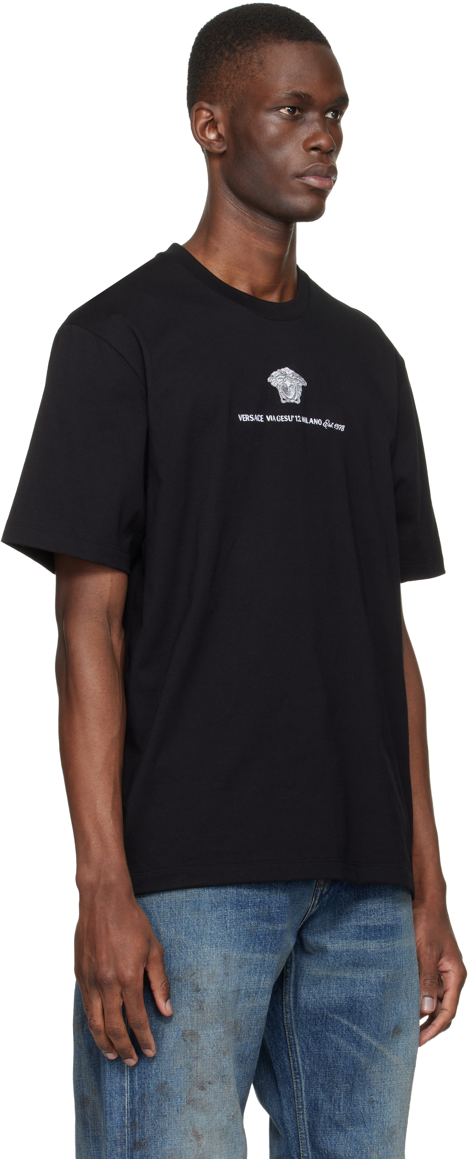 Versace: Black Embroidered Cotton-Jersey T-shirt | SSENSE