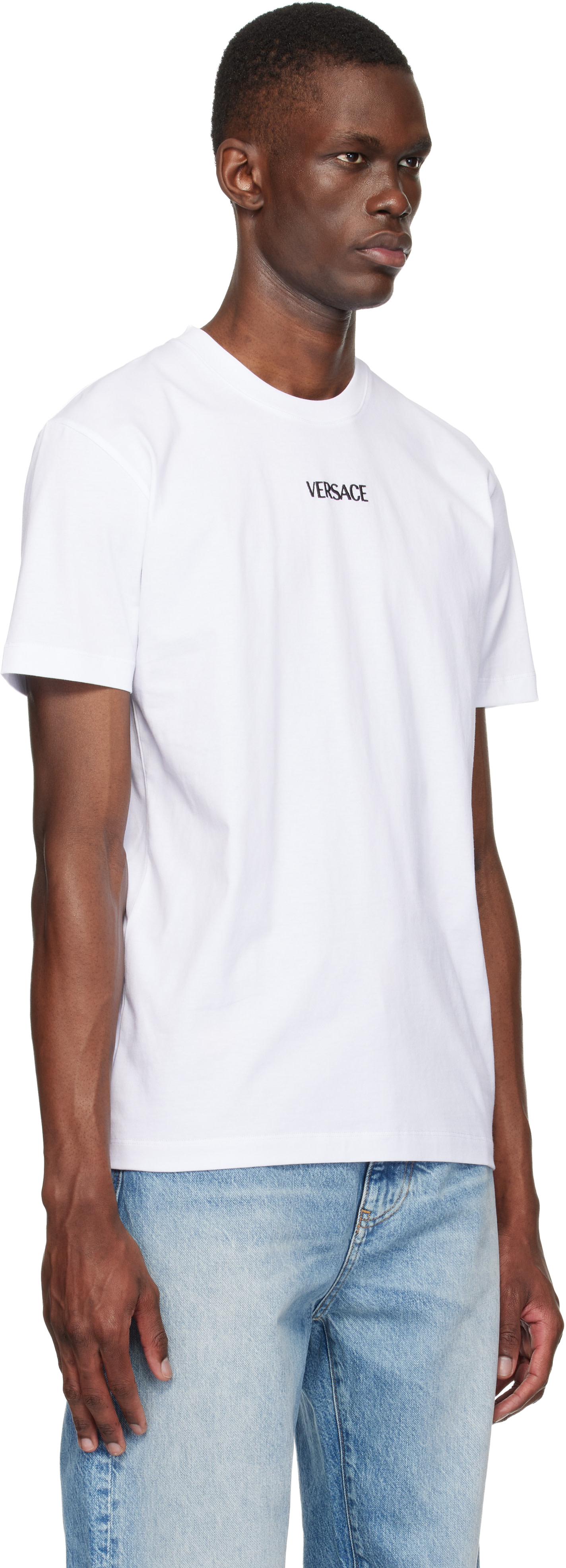 Versace: White Embroidered Cotton-Jersey Slim T-shirt | SSENSE