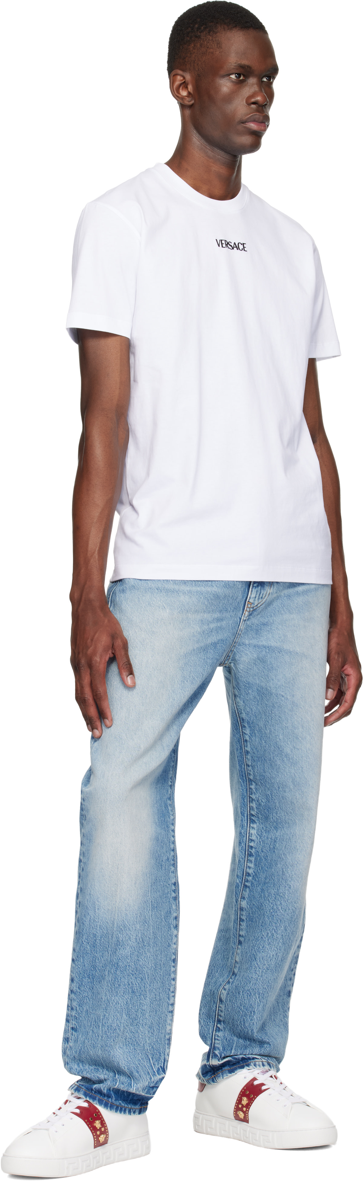 Versace: White Embroidered Cotton-Jersey Slim T-shirt | SSENSE