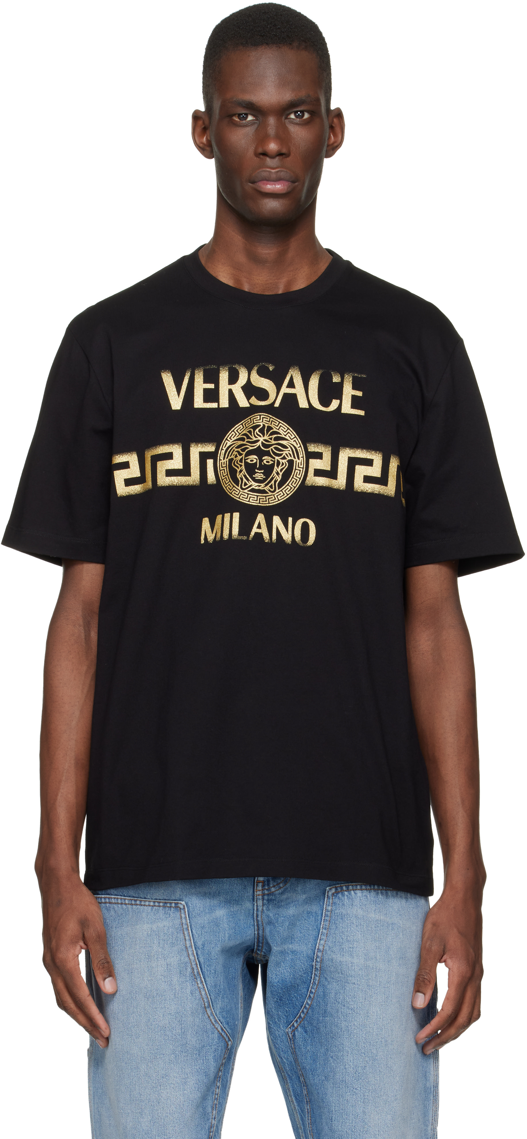 Versace - 블랙 프린트 코튼 저지 레귤러 티셔츠
