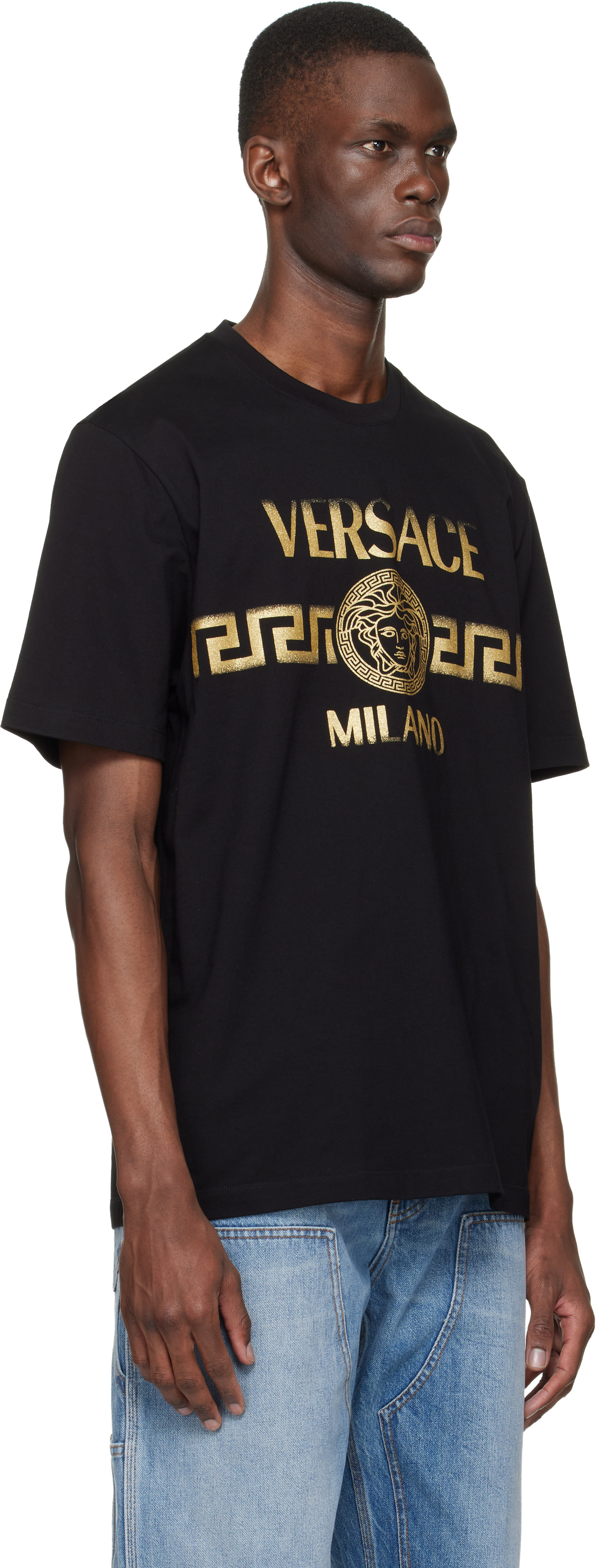 Versace - 블랙 프린트 코튼 저지 레귤러 티셔츠