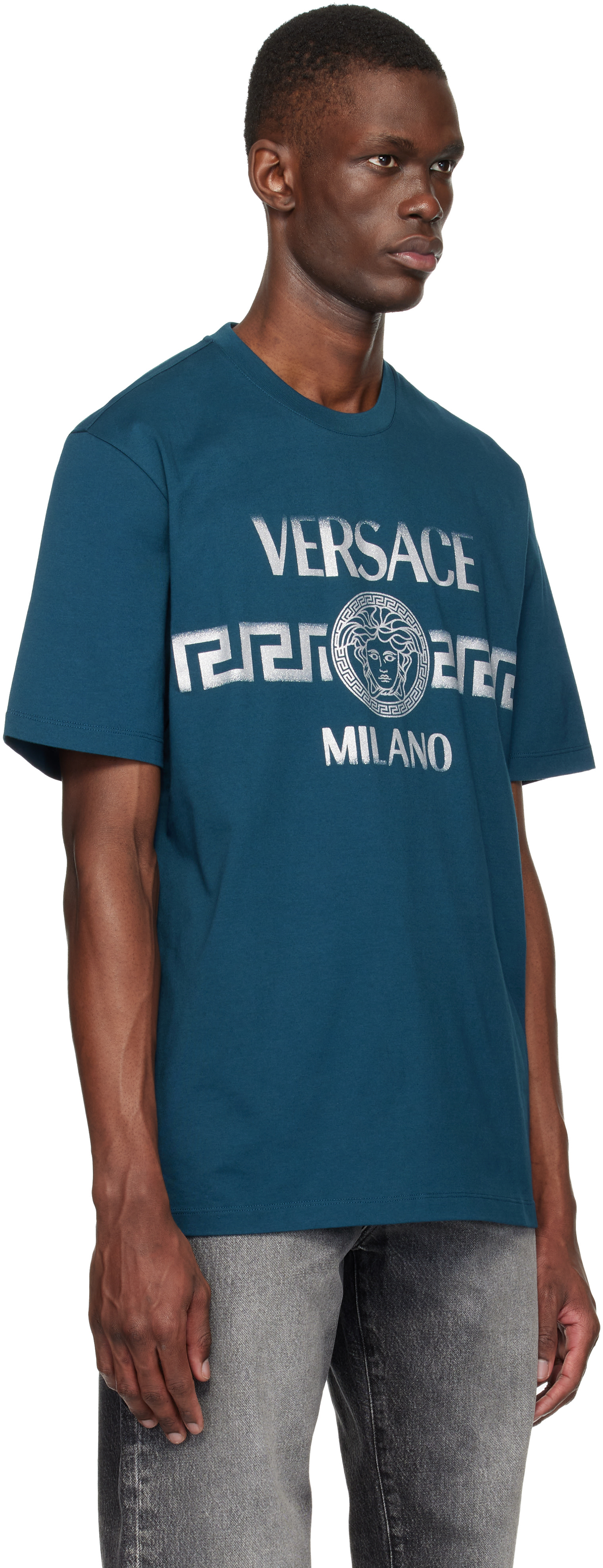 Versace: Navy Printed Cotton-Jersey Regular T-shirt | SSENSE