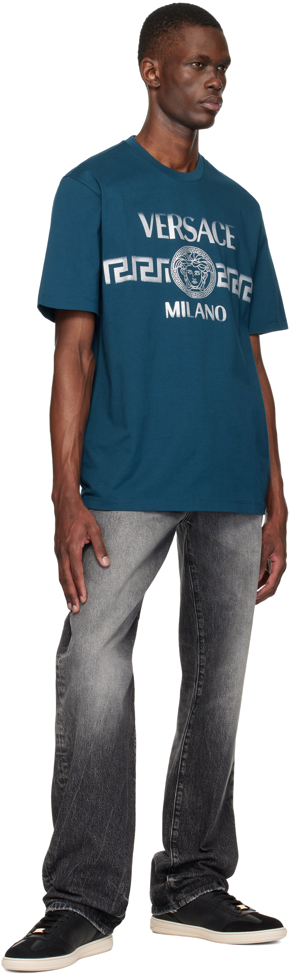 Versace: ネイビー Printed コットンジャージ レギュラー Tシャツ