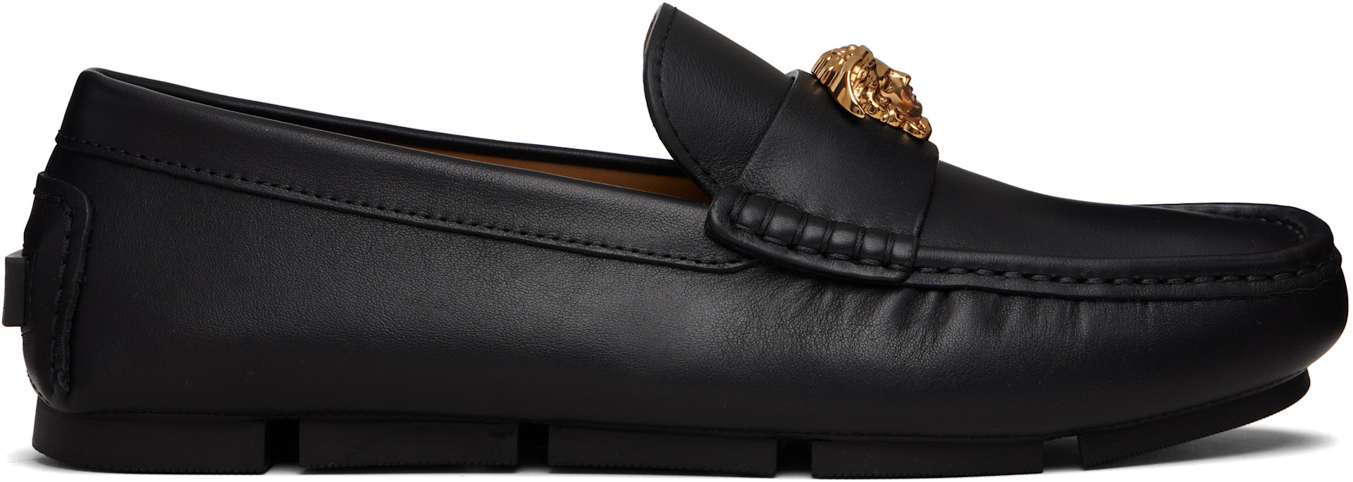 Versace: ブラック 'La Medusa' レザー ドライビングシューズ | SSENSE