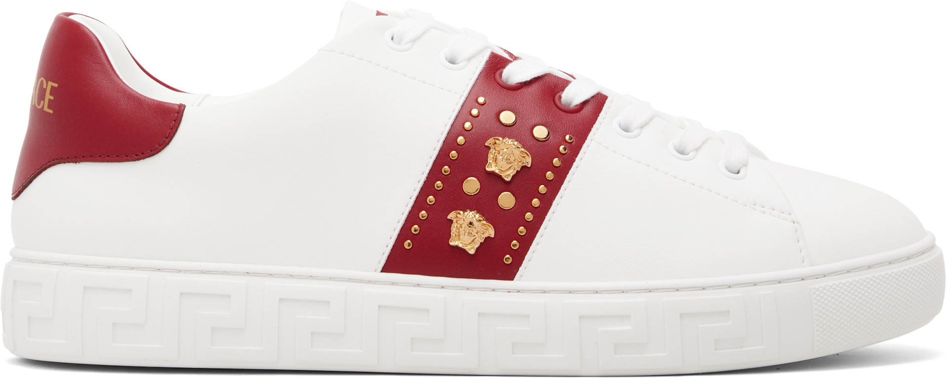 Versace - White & Red Greca Embellished Faux-Leather Sneakers