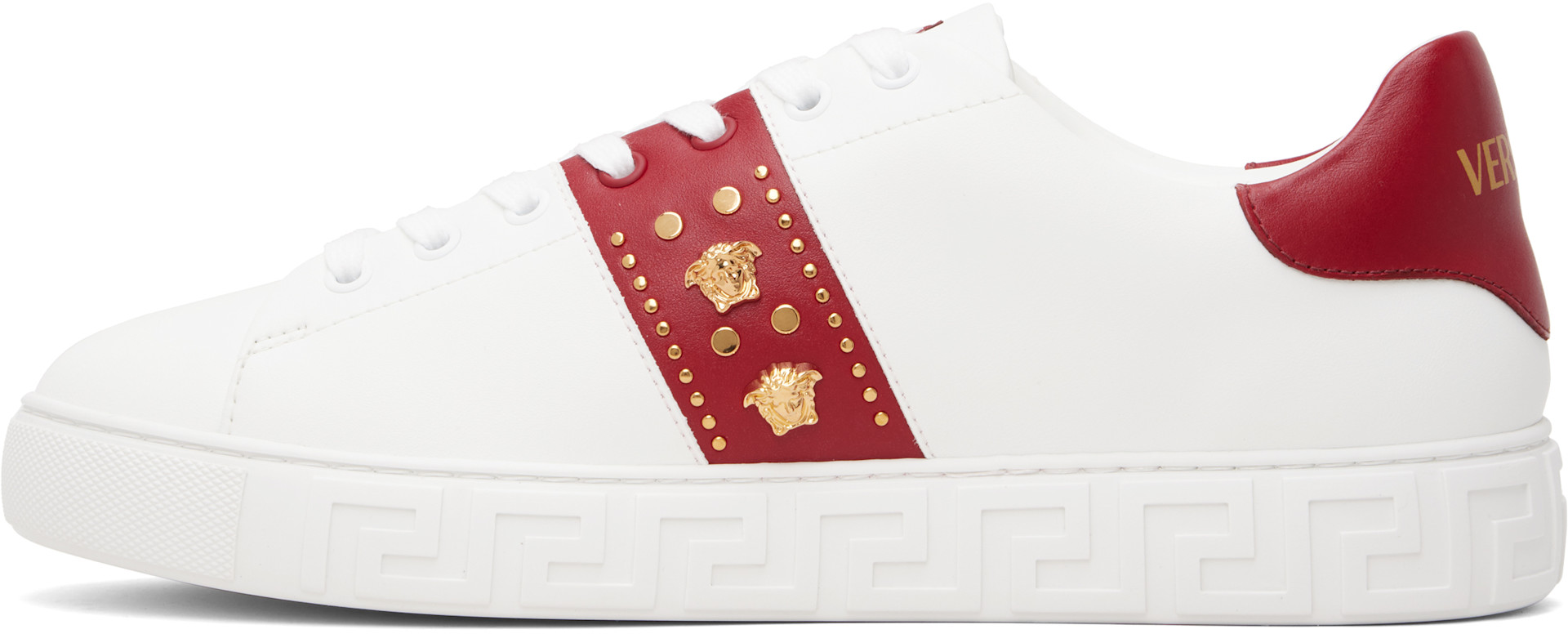 Versace - White & Red Greca Embellished Faux-Leather Sneakers