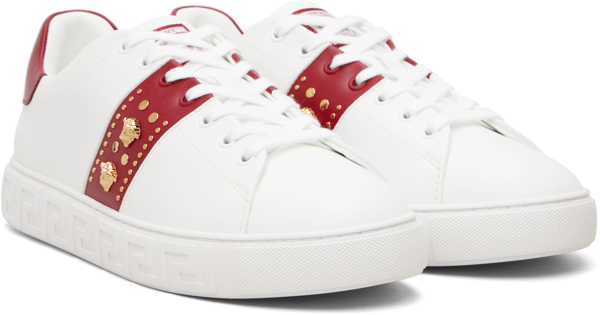 Versace - White & Red Greca Embellished Faux-Leather Sneakers