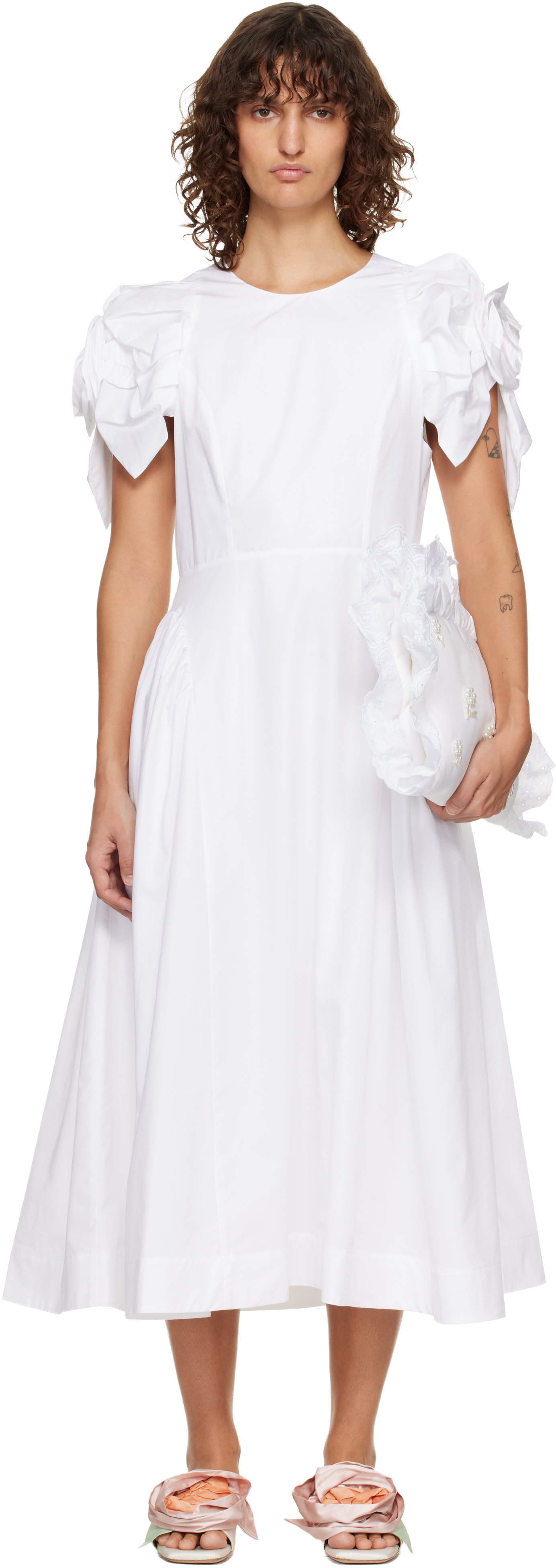Simone Rocha - Robe midi blanche à manches bouffantes