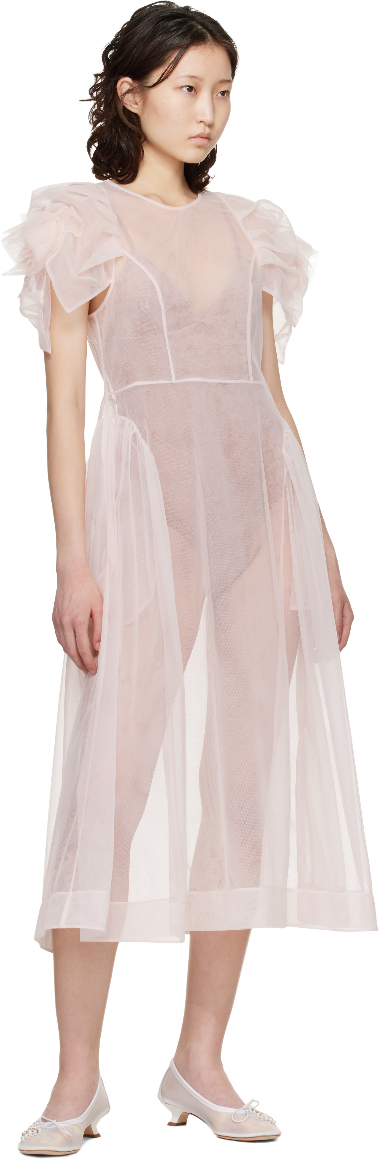 Simone Rocha - Robe midi rose à manches bouffantes