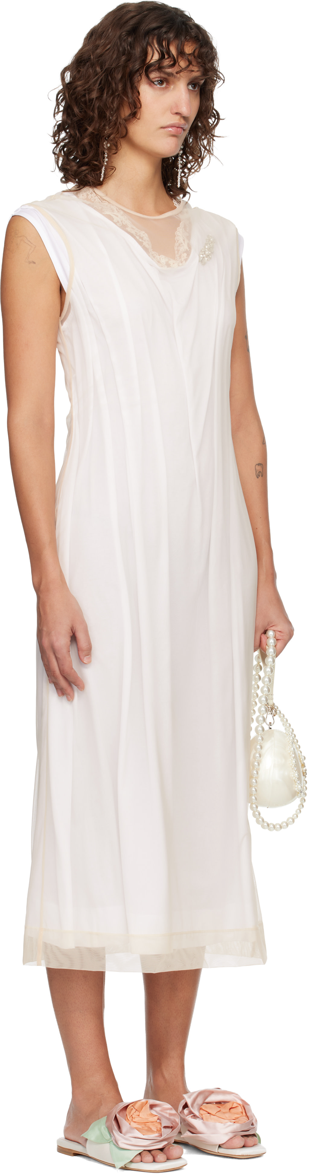 Simone Rocha: White & Beige Layered Liquid Lace Trim Midi Dress