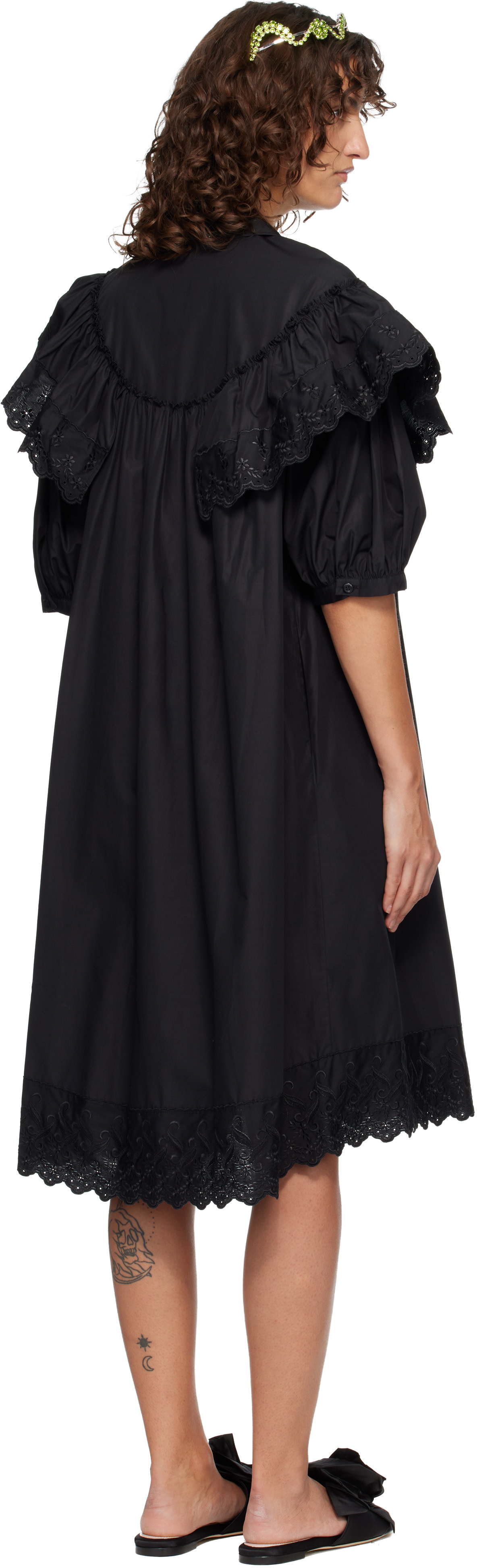 Simone Rocha: Black Puff Sleeve Ruffle Frill Trim Shirt Midi Dress