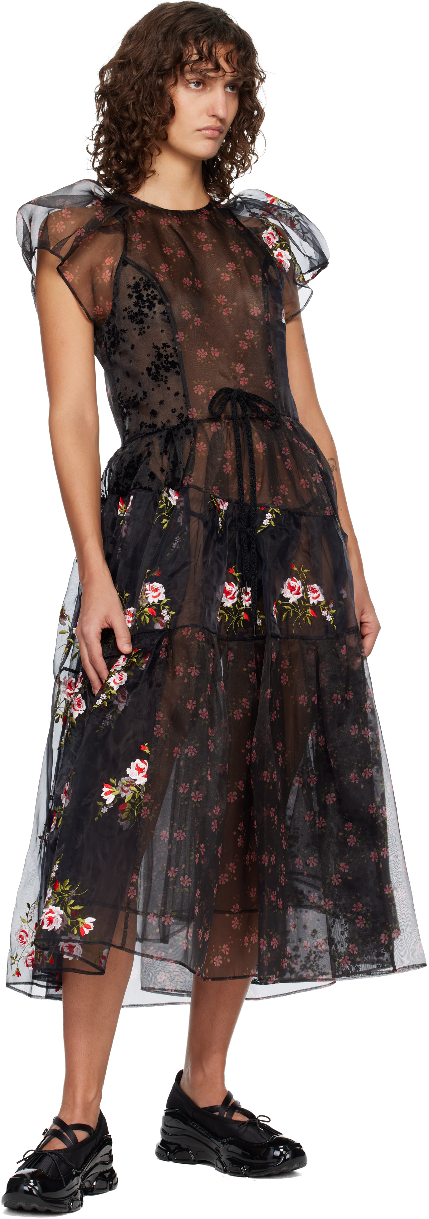 Simone Rocha: Black Sheer Puff Sleeve Patchwork Flounce Midi Dress