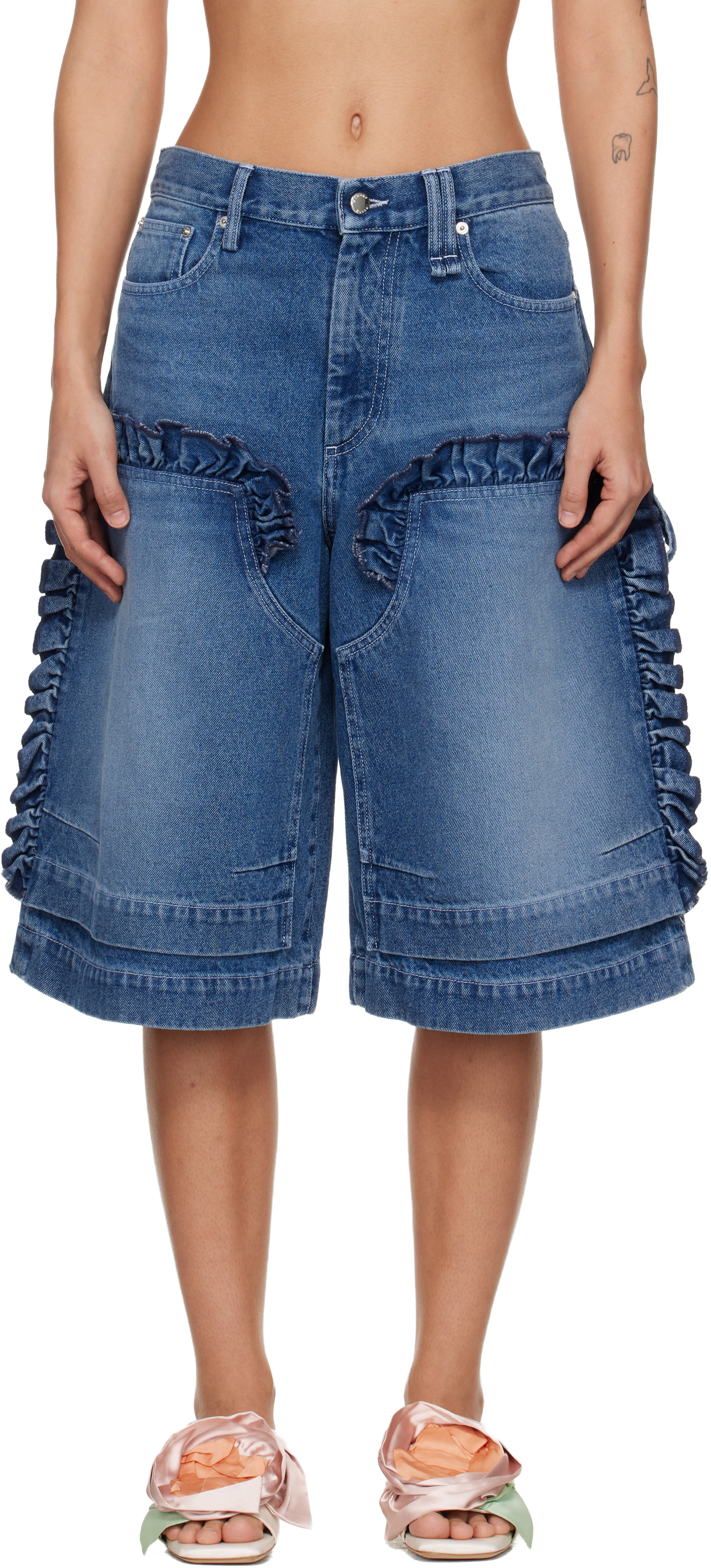 Simone Rocha: Blue Ruffle Frill Denim Board Shorts | SSENSE