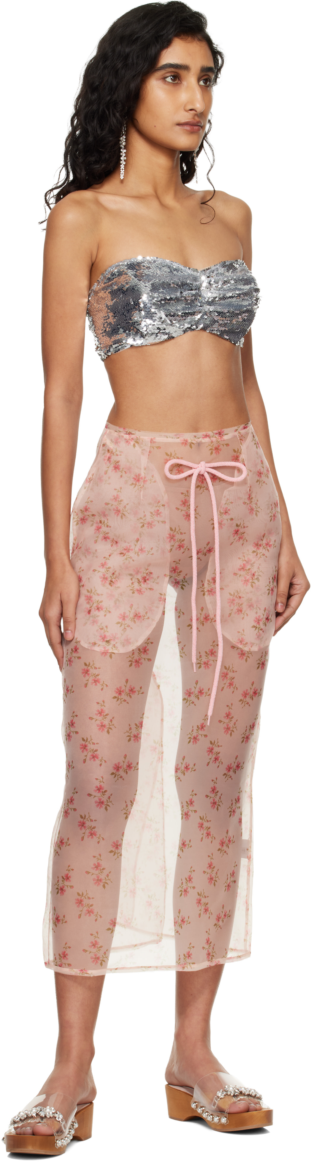 Simone Rocha: Pink Sheer Frayed Column Pencil Midi Skirt | SSENSE