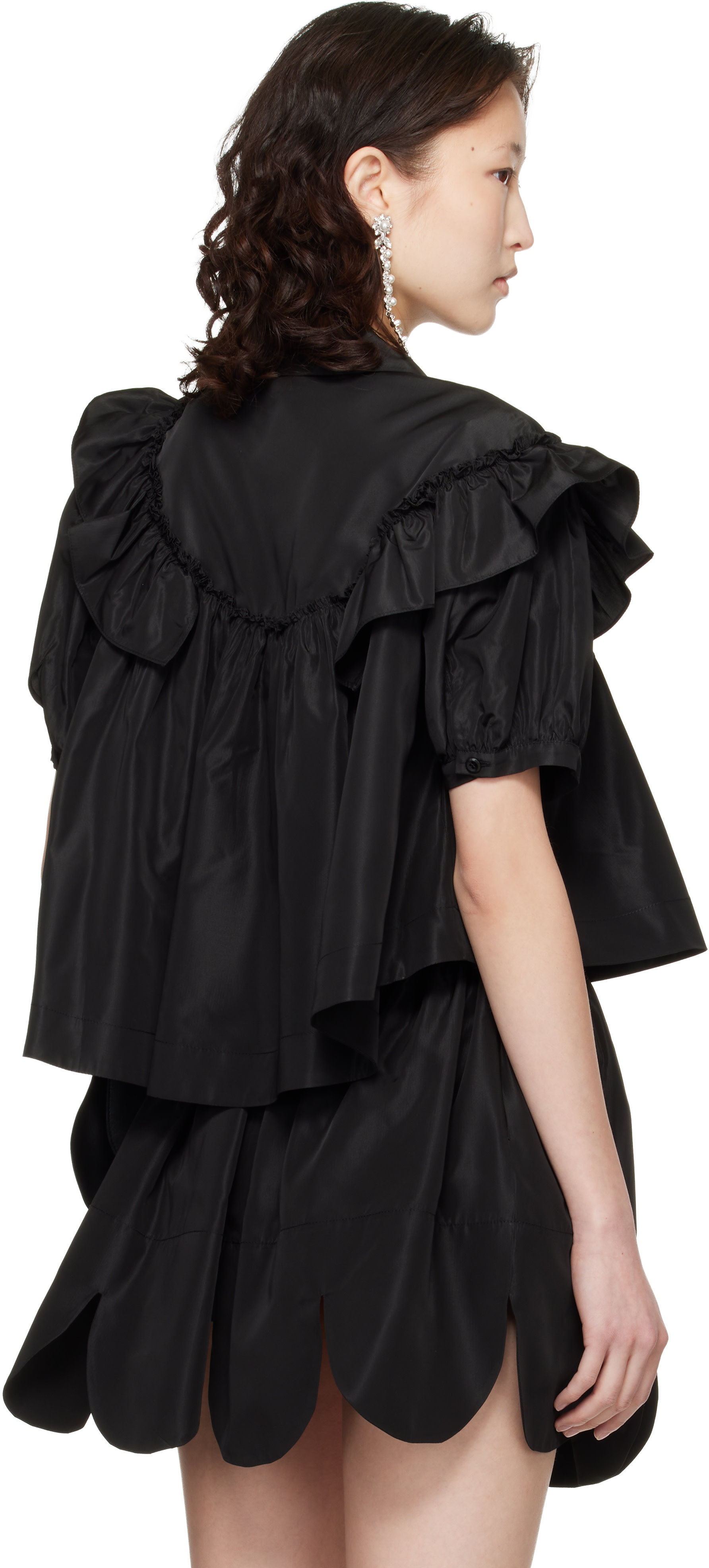 Simone Rocha: ブラック Ruffle Frill クロップド パフスリーブ シャツ