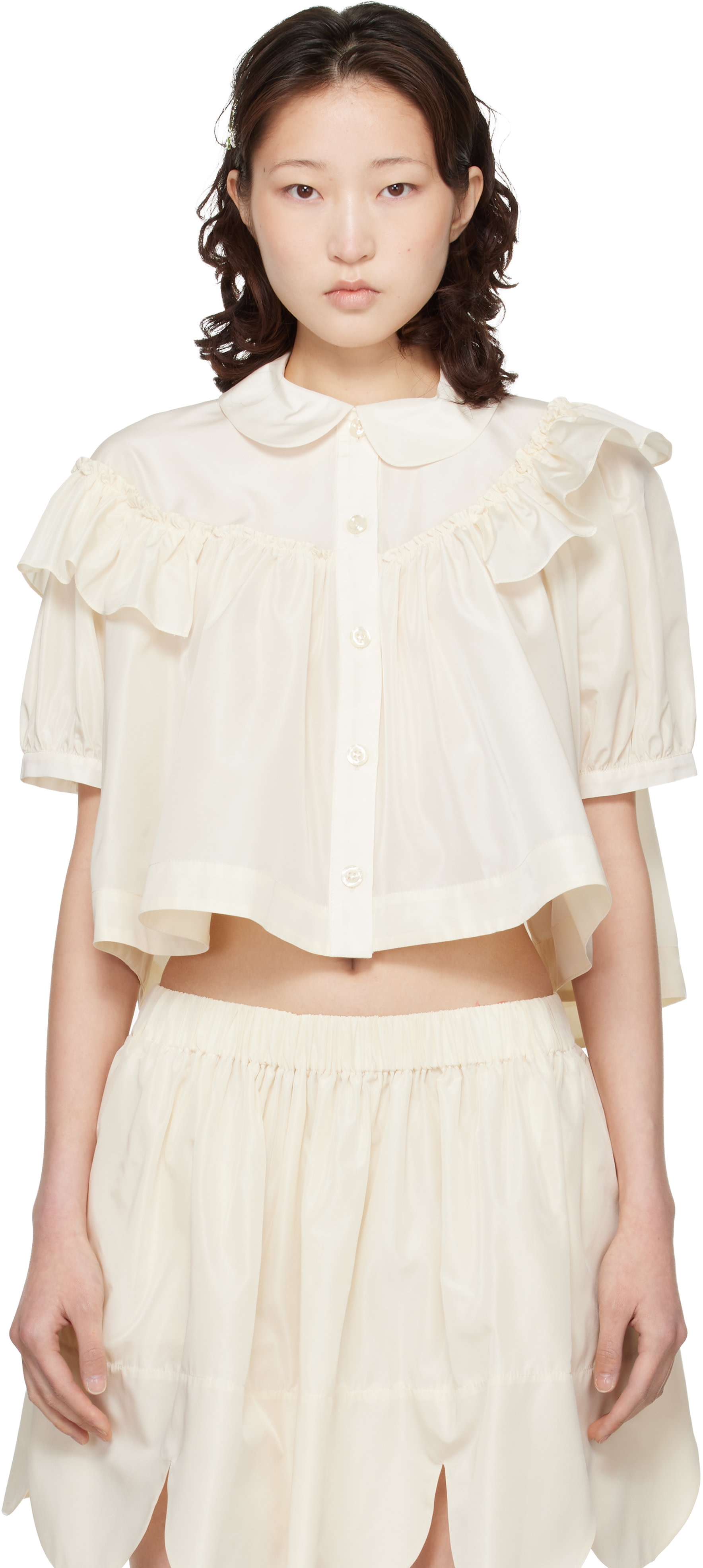 Simone Rocha: Off-White Cropped Puff Sleeve Ruffle Frill Shirt