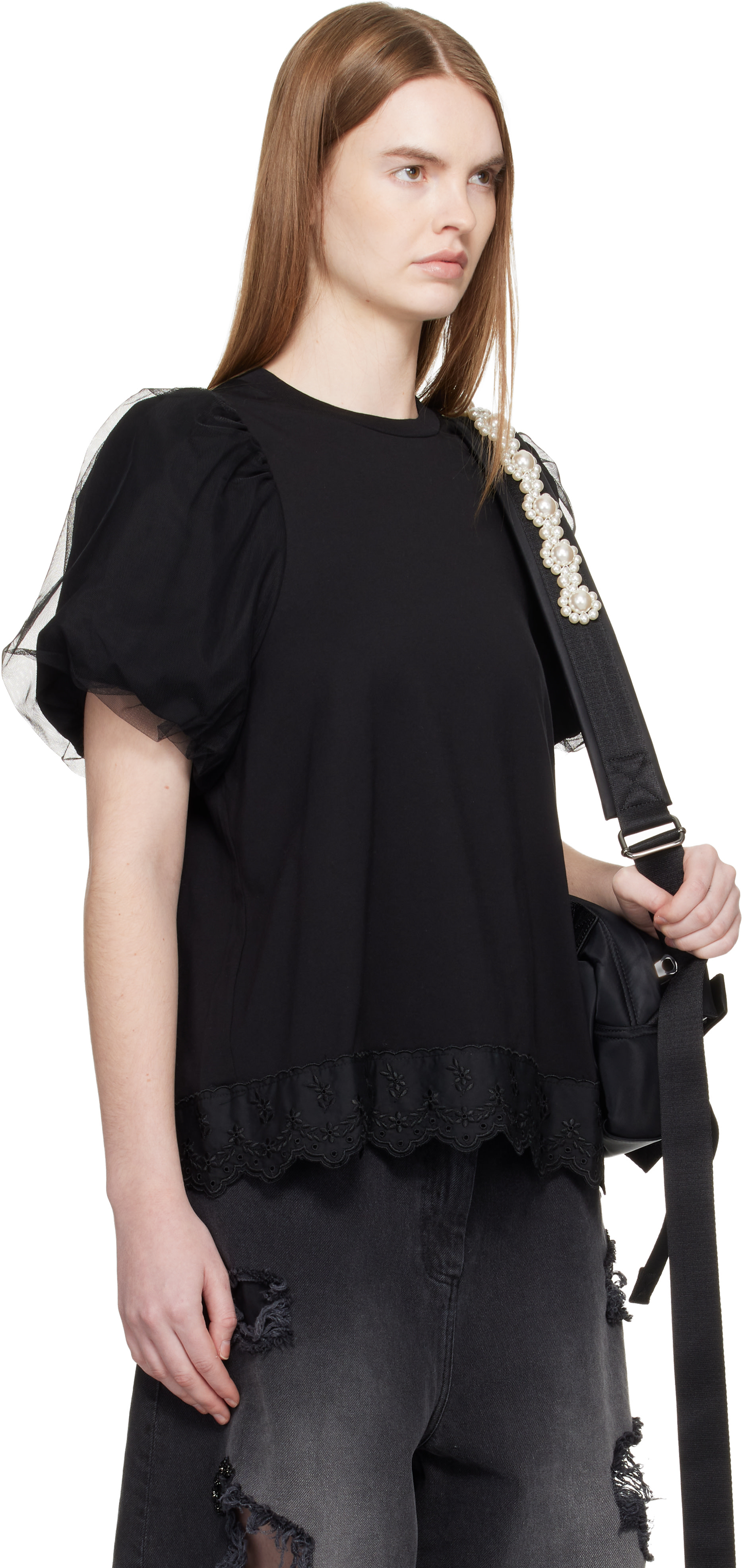 Simone Rocha: Black Tulle Overlay Puff Sleeve Lace Trim T-shirt