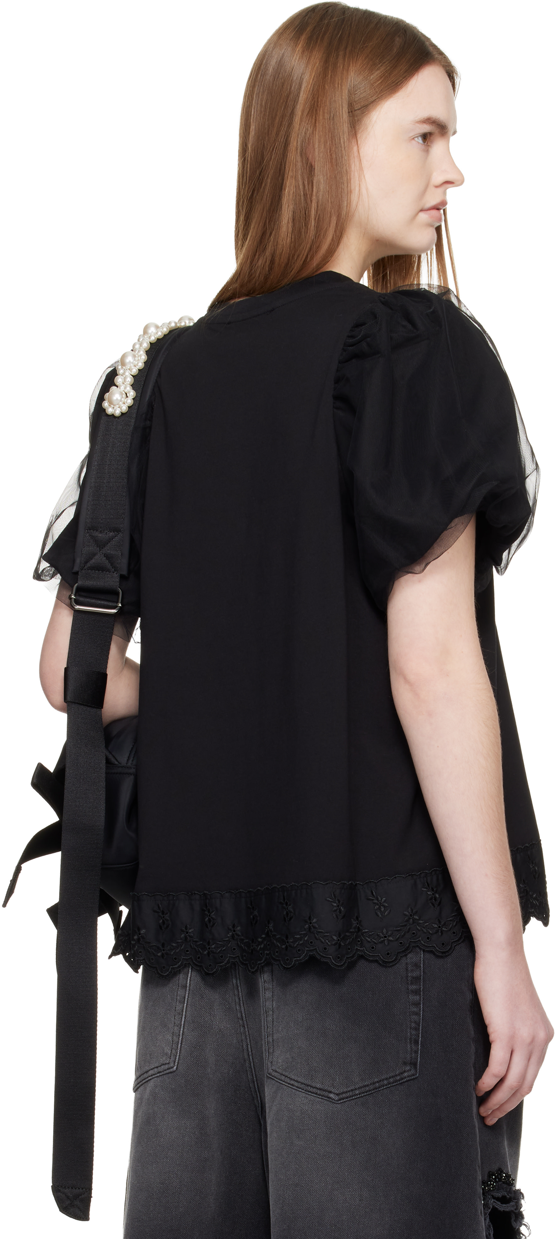 Simone Rocha: Black Tulle Overlay Puff Sleeve Lace Trim T-shirt