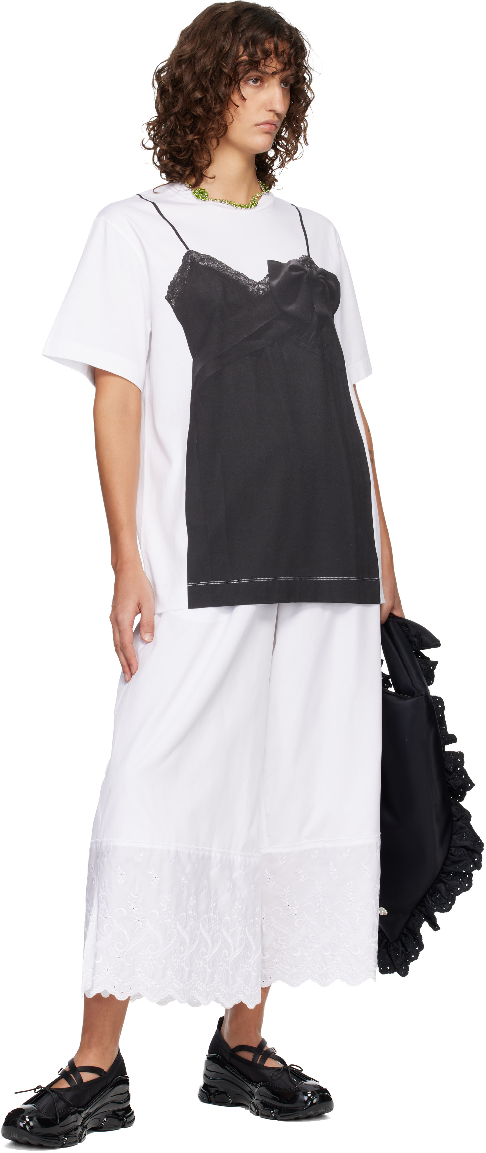 Simone Rocha: White & Black Bow Sash Slip Dress Trompe L'Oeil T