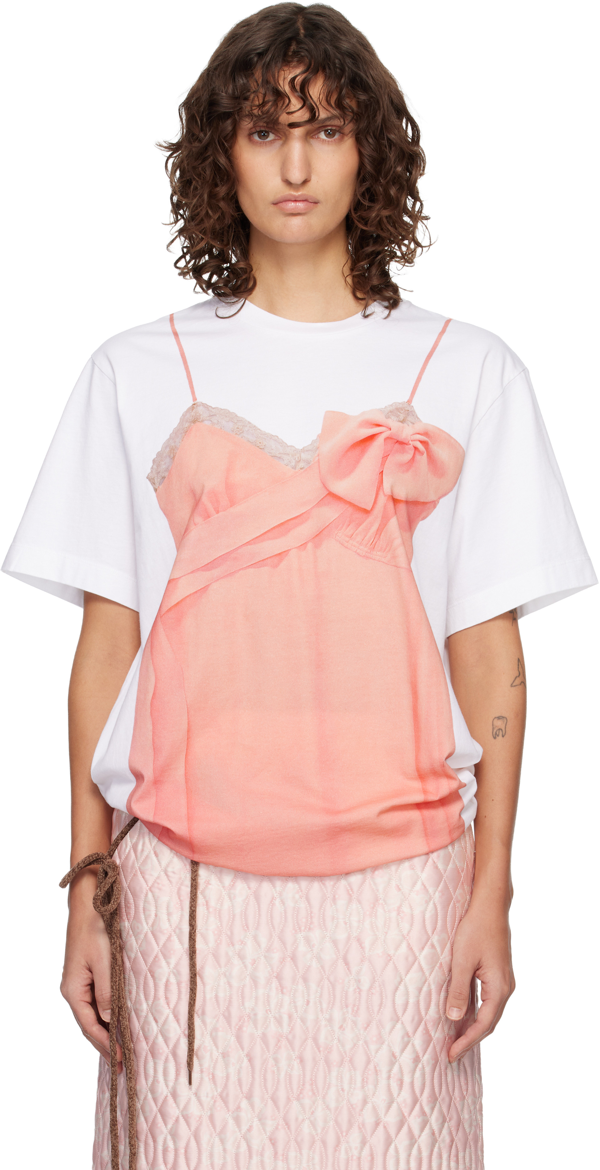 simone rocha Tシャツ　ピンク　リボン Simone Rocha: White & Pink Bow Sash Slip Dress Trompe L'Oeil T
