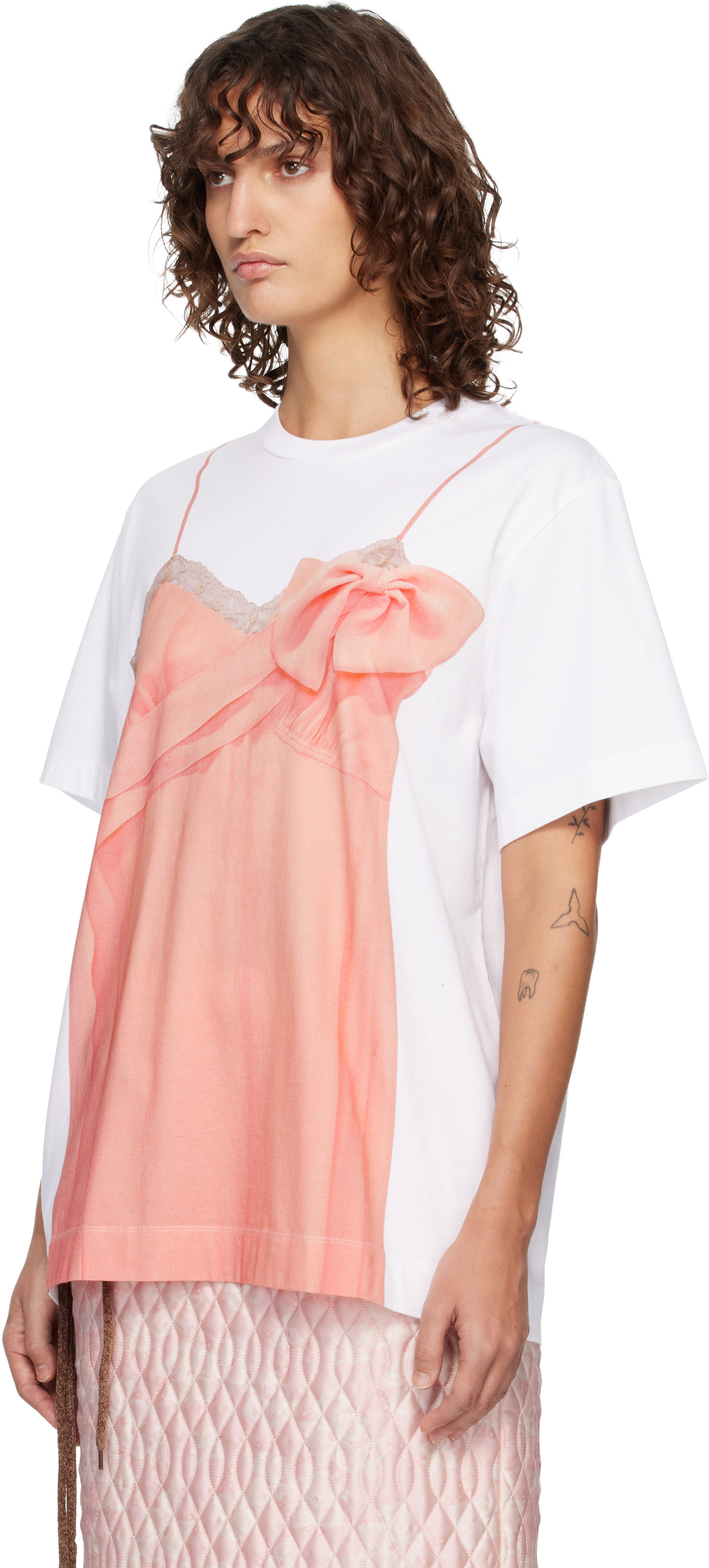 Simone Rocha: White & Pink Bow Sash Slip Dress Trompe L'Oeil T