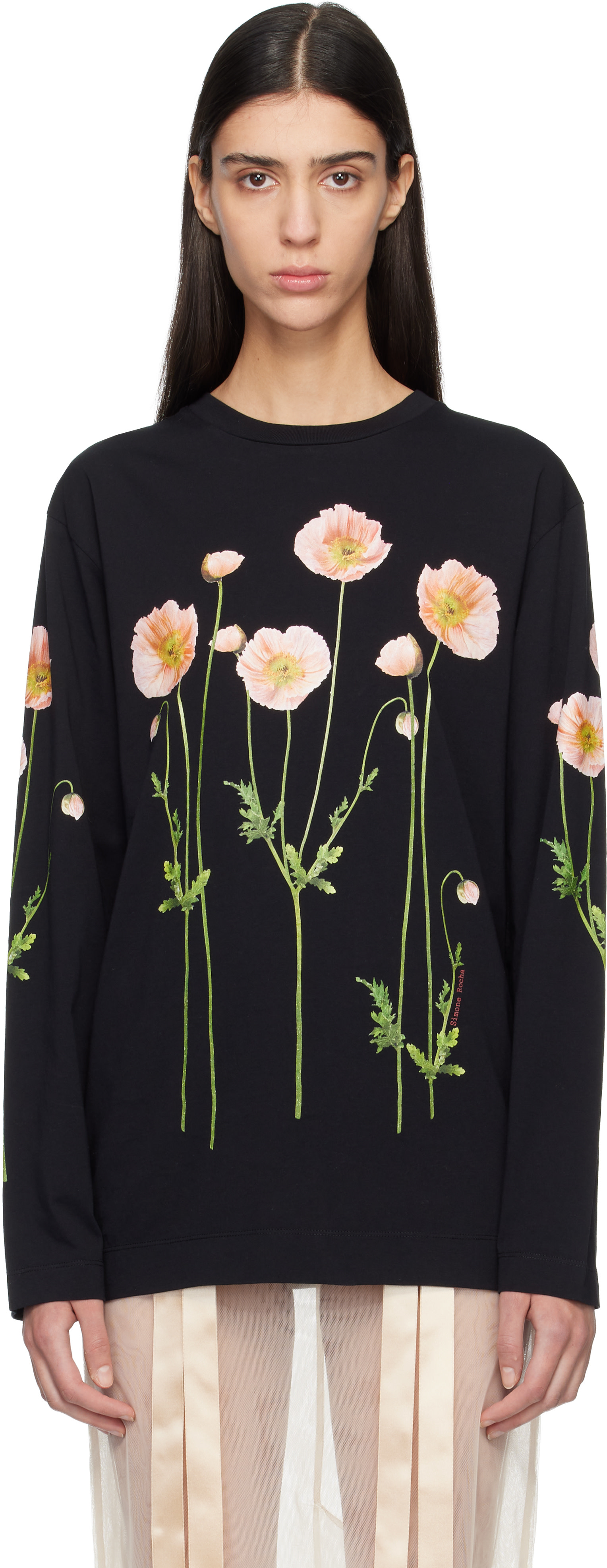 Simone Rocha: Black Poppy Field Print Long Sleeve T-shirt | SSENSE
