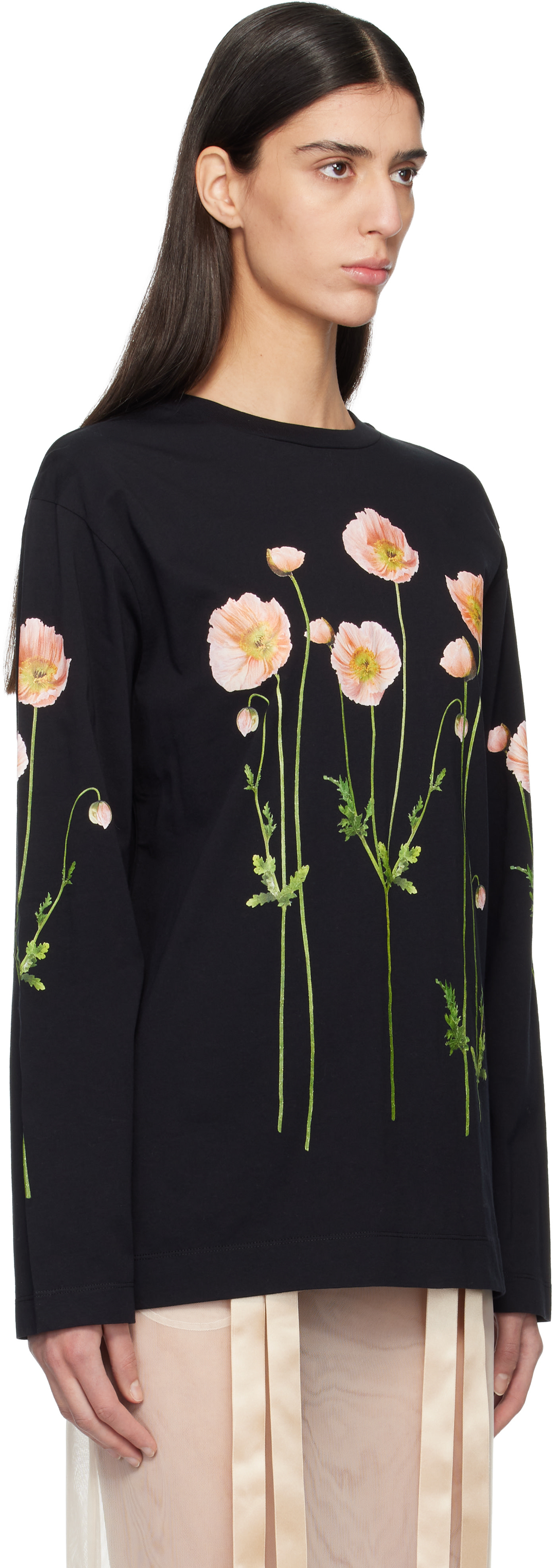 Simone Rocha: Black Poppy Field Print Long Sleeve T-shirt | SSENSE