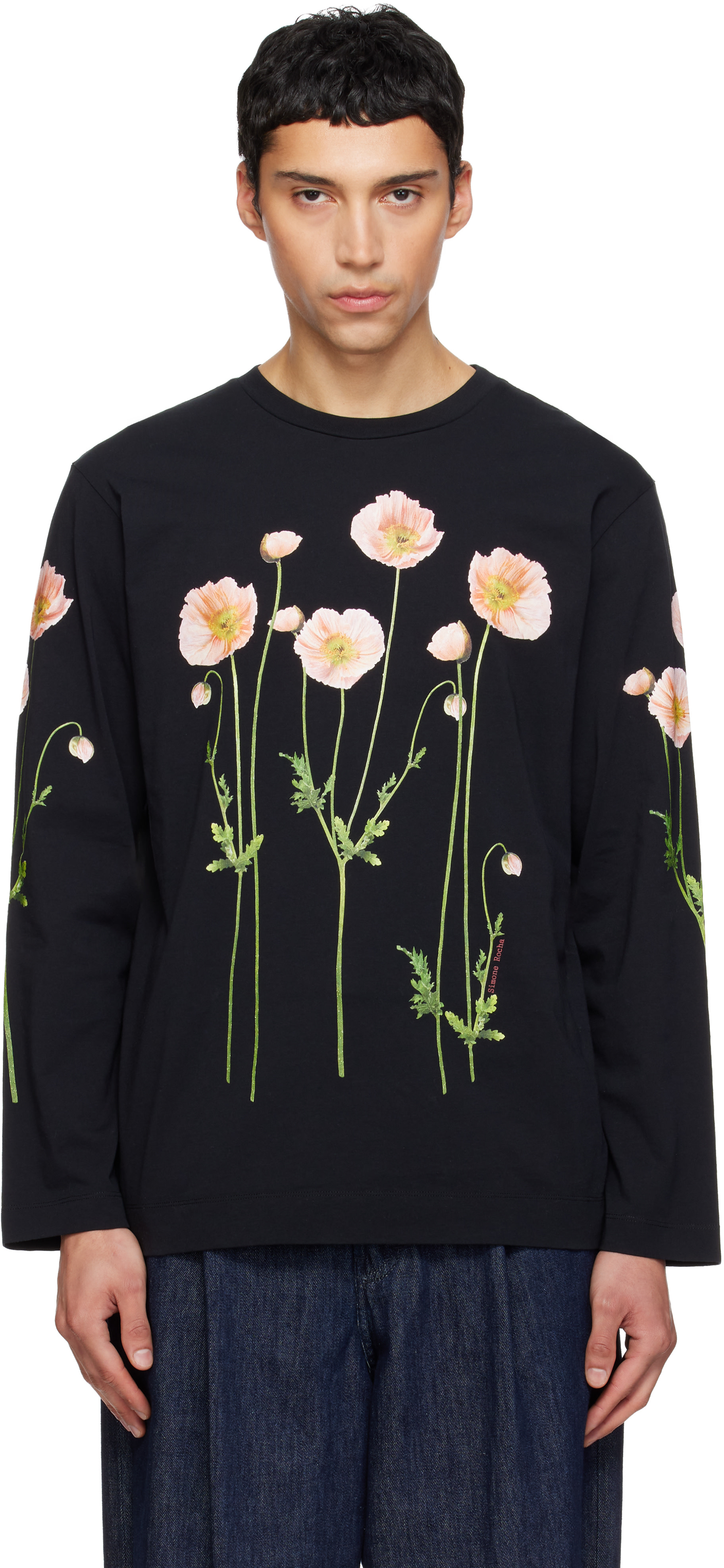 Simone Rocha: Black Poppy Field Print Long Sleeve T-shirt | SSENSE
