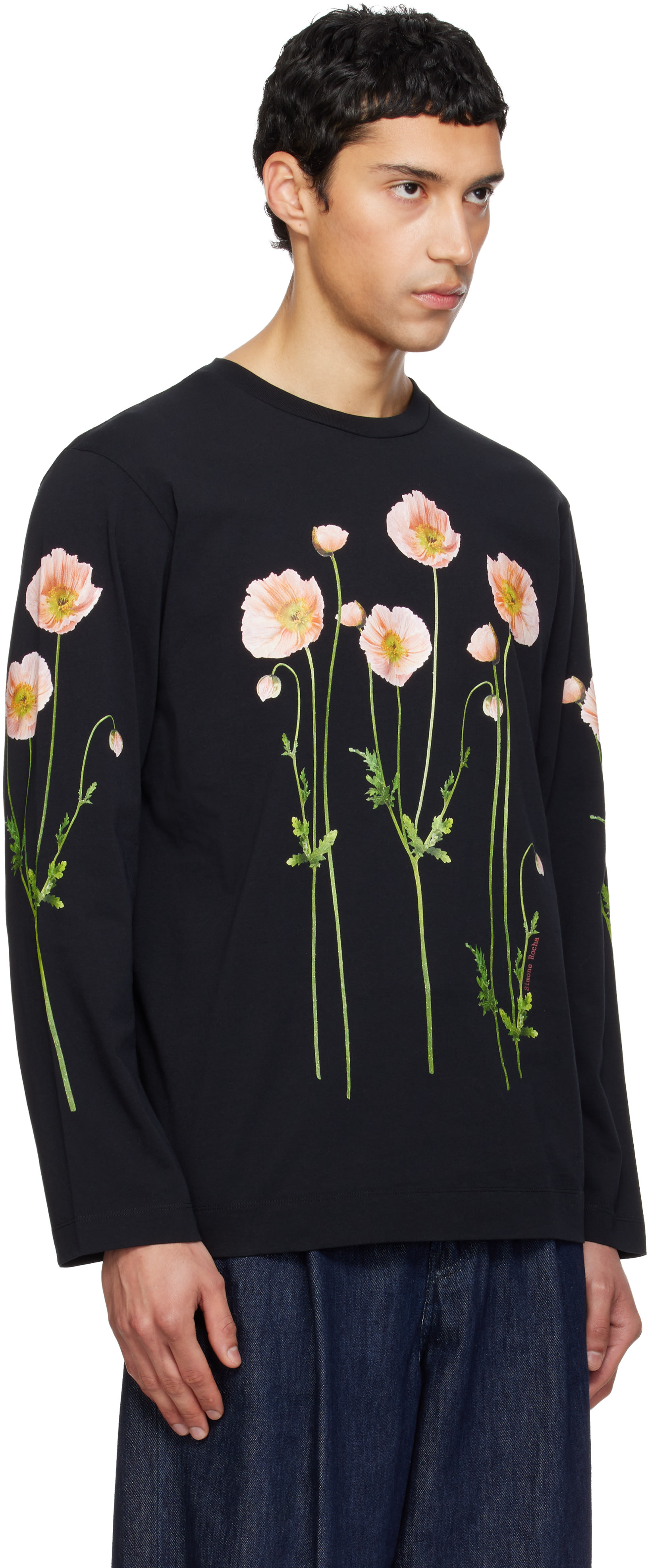 Simone Rocha: Black Poppy Field Print Long Sleeve T-shirt | SSENSE