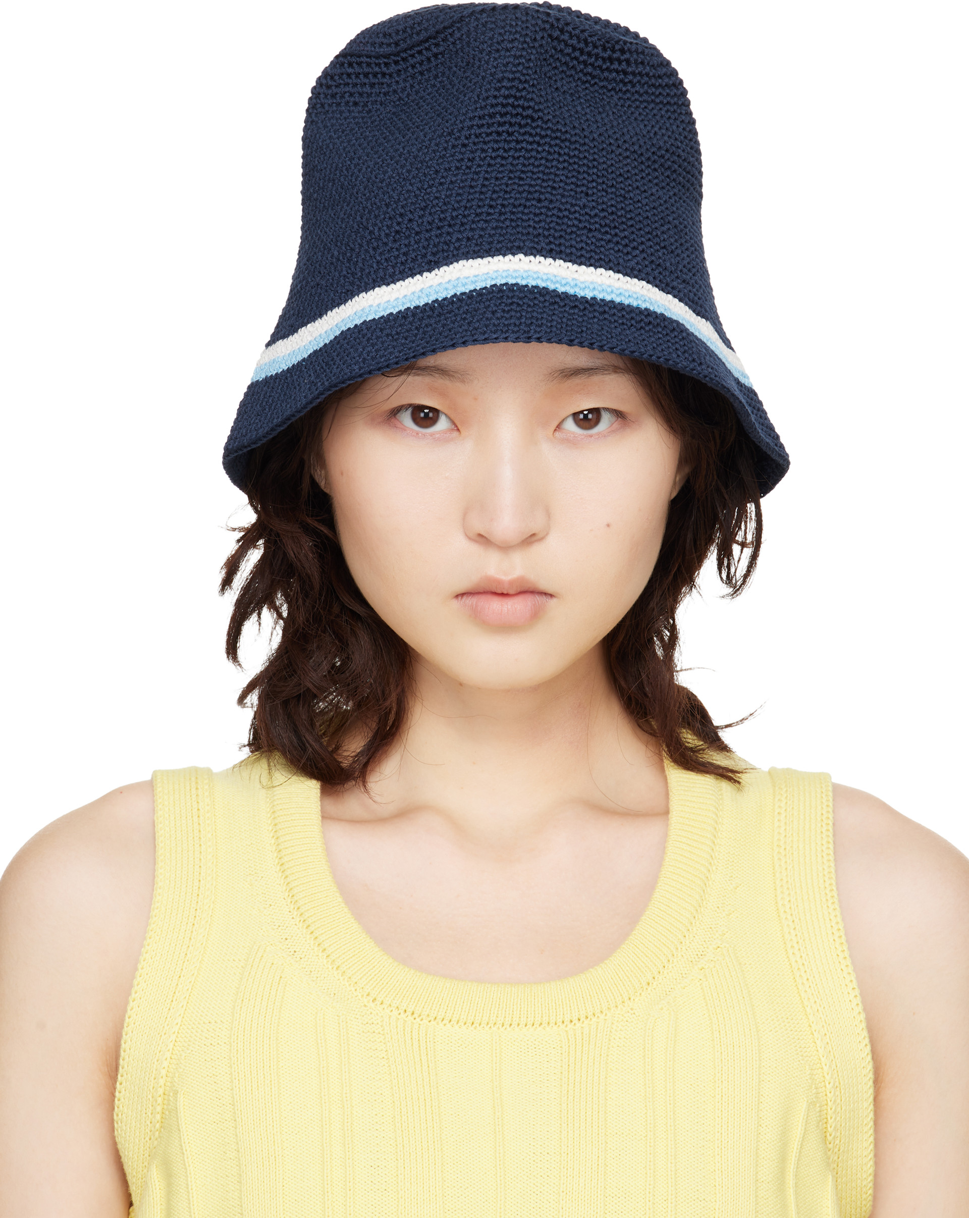 B.B. Wallace: Navy Schnabel Cotton Crochet Bucket Hat | SSENSE