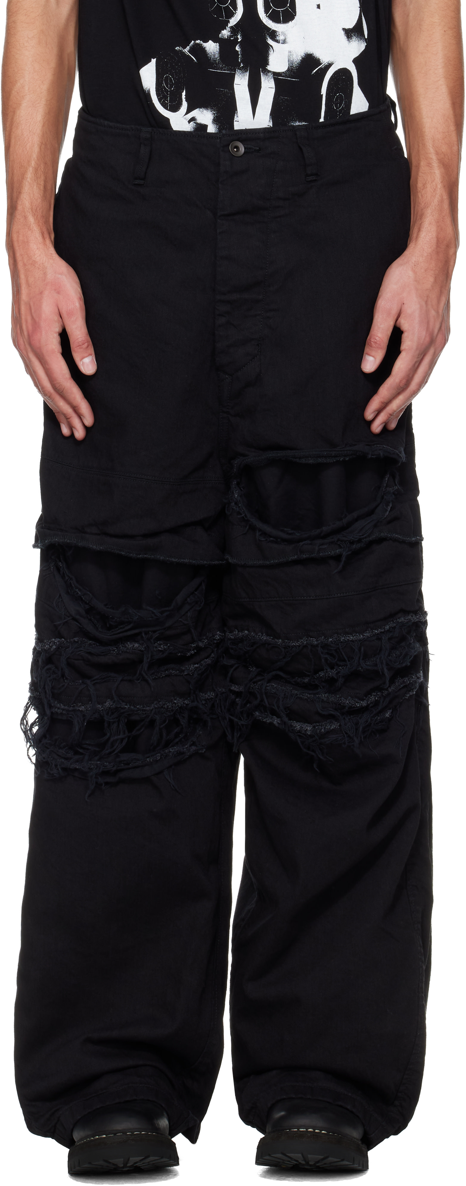 パンツ julius archive 2010s croped buggy pants Julius: Black Destroy Baggy Jeans | SSENSE