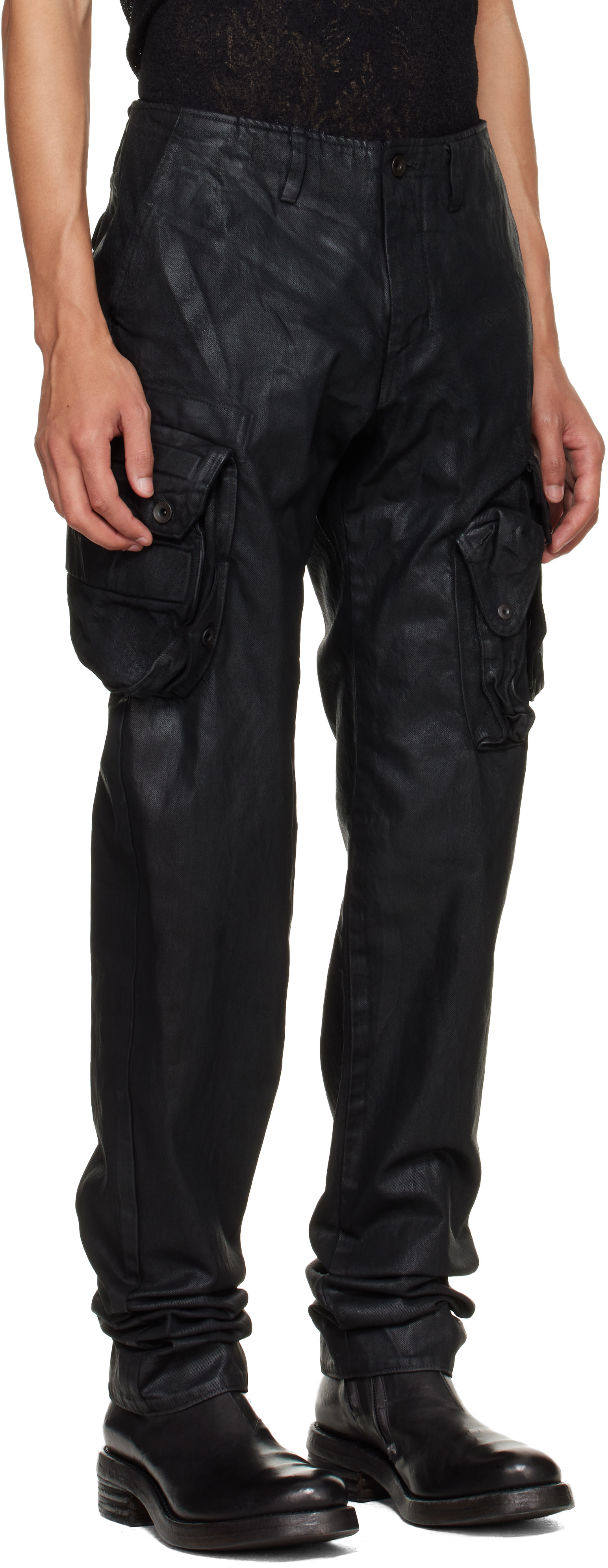 パンツ JULIUS COATED GASMASK CARGO PANTS Julius: Black Coated Gasmask Skinny Cargo Pants | SSENSE