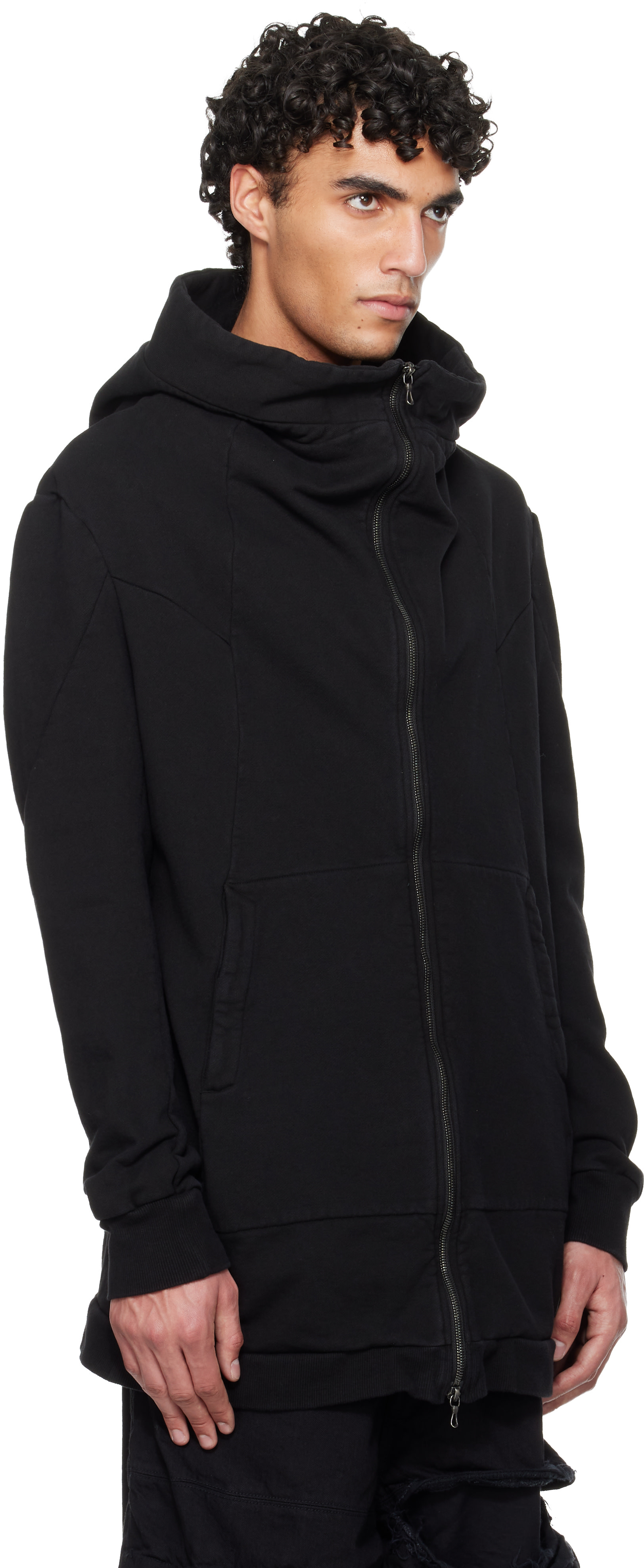 Julius - Pull à capuche noir à assemblage prismatique